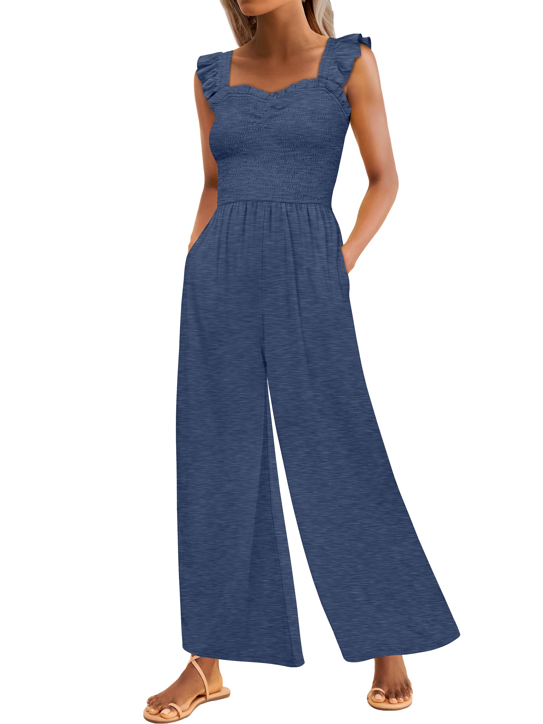 Caracilia Jumpsuits for Women Summer Dressy Casual Smocked Sleeveless Wide Leg One Piece Romper Jumpers 2026 Vacation Outfits