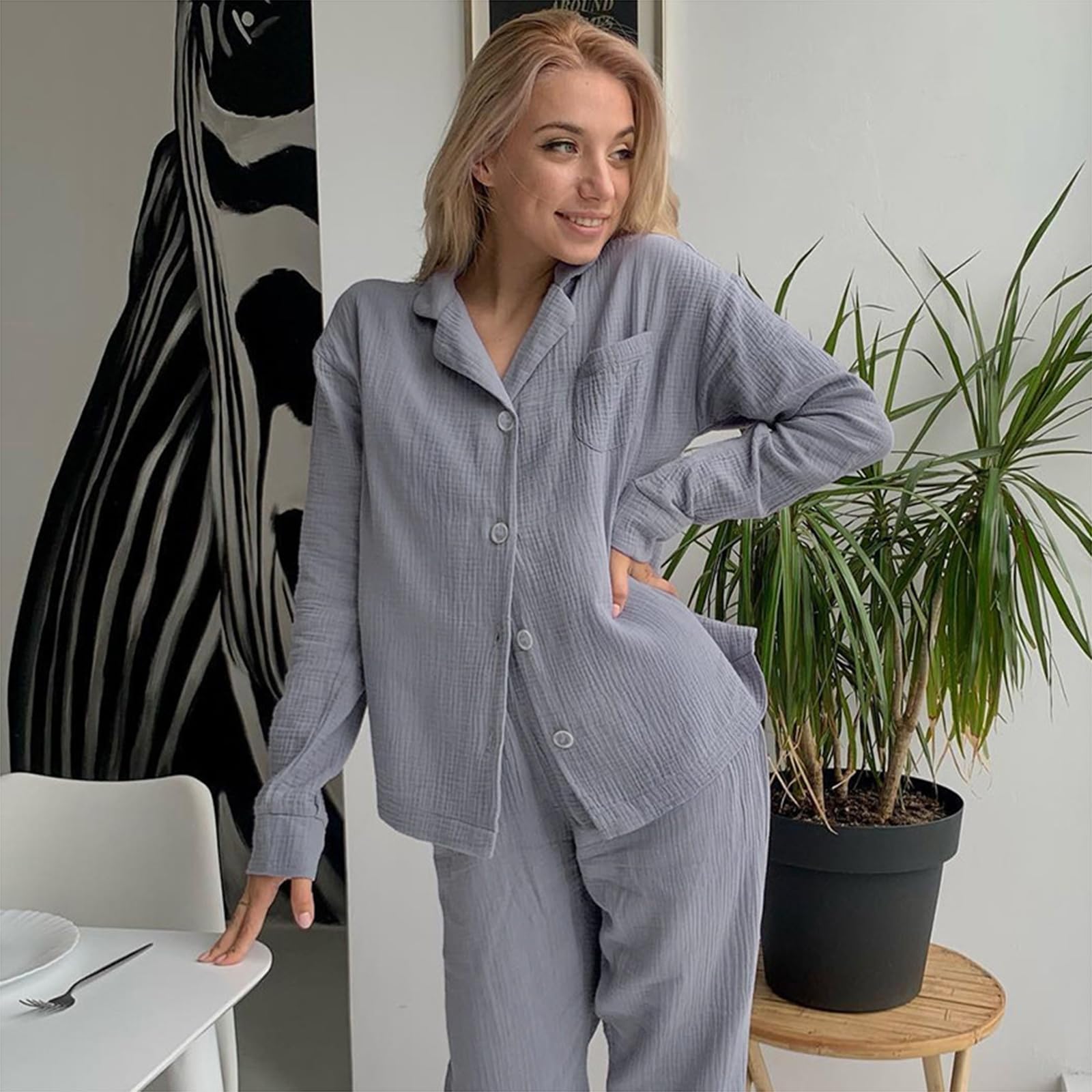 Piżama damska z długim rękawem, 2-częściowy zestaw bielizny nocnej Soft Loungewear Ladies Pjs Set with Pockets