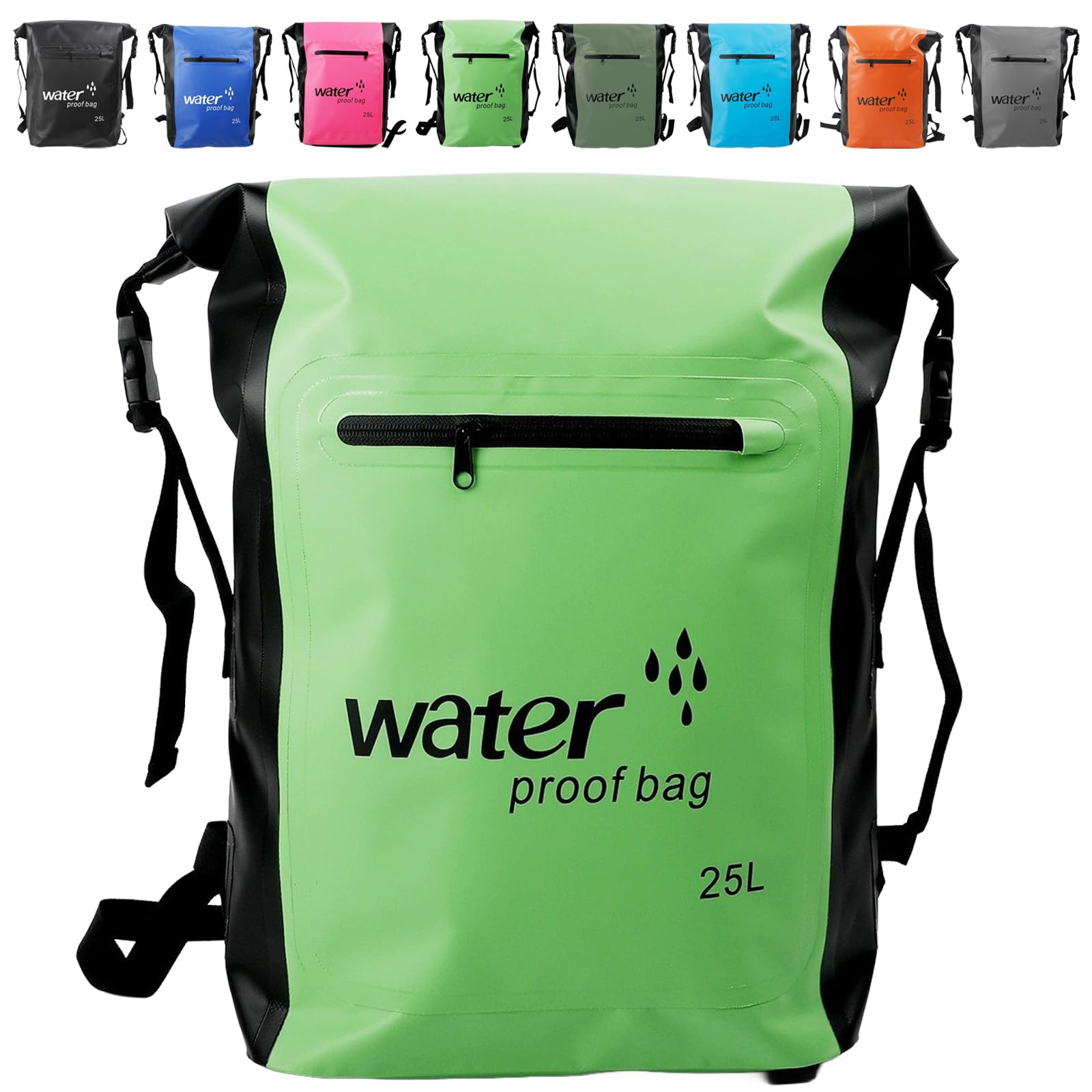 MORAINJAY 25L Waterproof Backpack with Pocket,Large Captity Green Dry Bag with Long Adjustable Shoulder Strap,500D PVC Reinforced Design Dry Sack for Camping,Swimming,Hiking&Outdoor Adventures