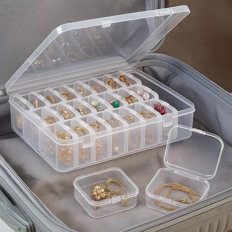 Image of Transparent Jewellery & Accessories Storage Box with Removable Compartments - Multi-Grid Plastic Organizer Case for Earrings, Beads, Rings, Craft Supplies and Small Items Storage (30 box)