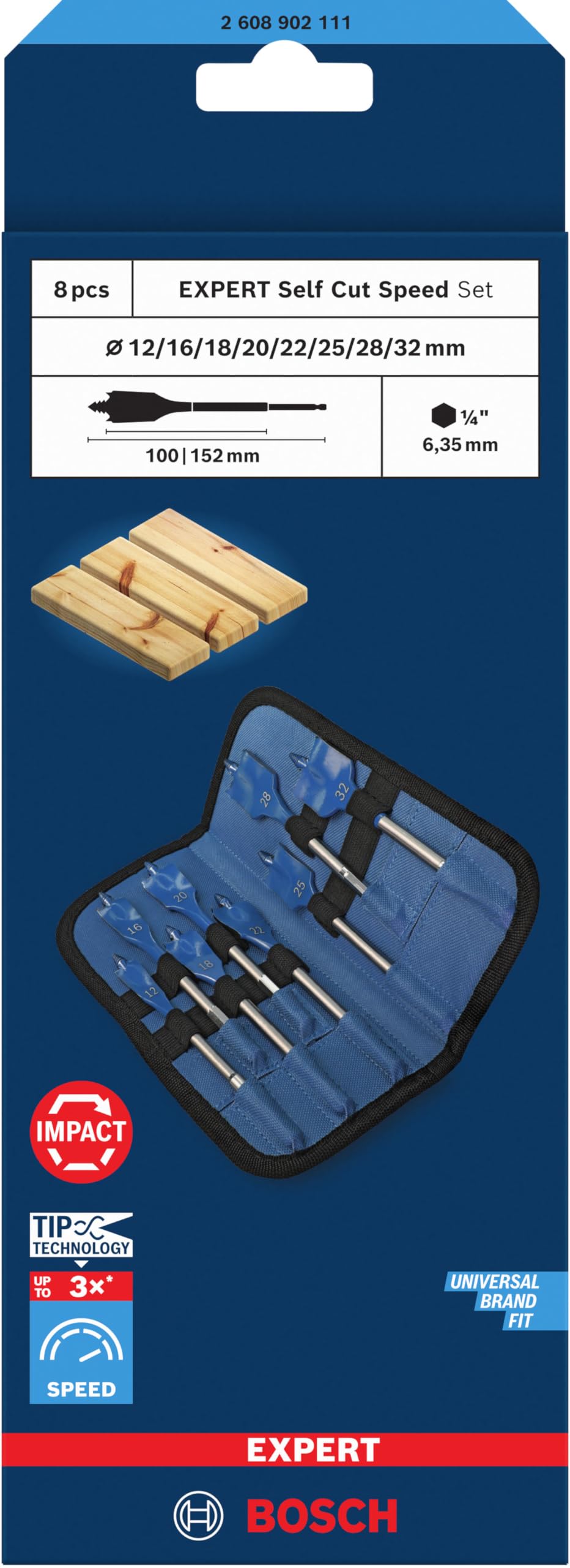 Bosch 8x Set de brocas fresadoras planas EXPERT Self Cut Speed (para Madera blanda, Aglomerado, Ø 12,0, 16,0, 18,0, 20,0, 22,0, 25,0, 28,0, 32,0 mm, Professional Accesorios Taladro)