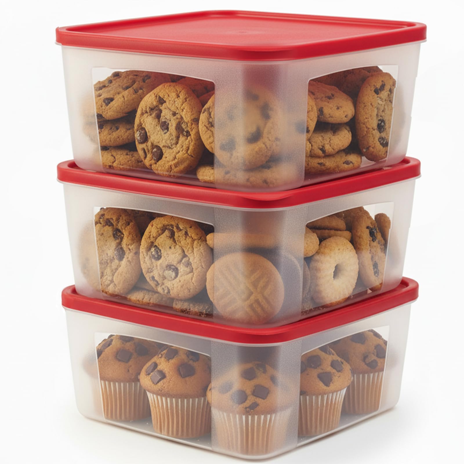 ADECTA Cookie Storage Containers Airtight - 3-Pack 3.7L Square Plastic Containers With Lids for Baked Goods, Cupcake Storage & Meal Prep - BPA Free,