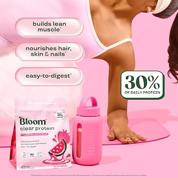 Bloom Clear Protein, Whey Protein Isolate with Collagen Peptides and Digestive Enzymes, 20g Protein, Sugar Free Post Workout Drink Mix, 90 Calories, Strawberry Watermelon, 10 Servings