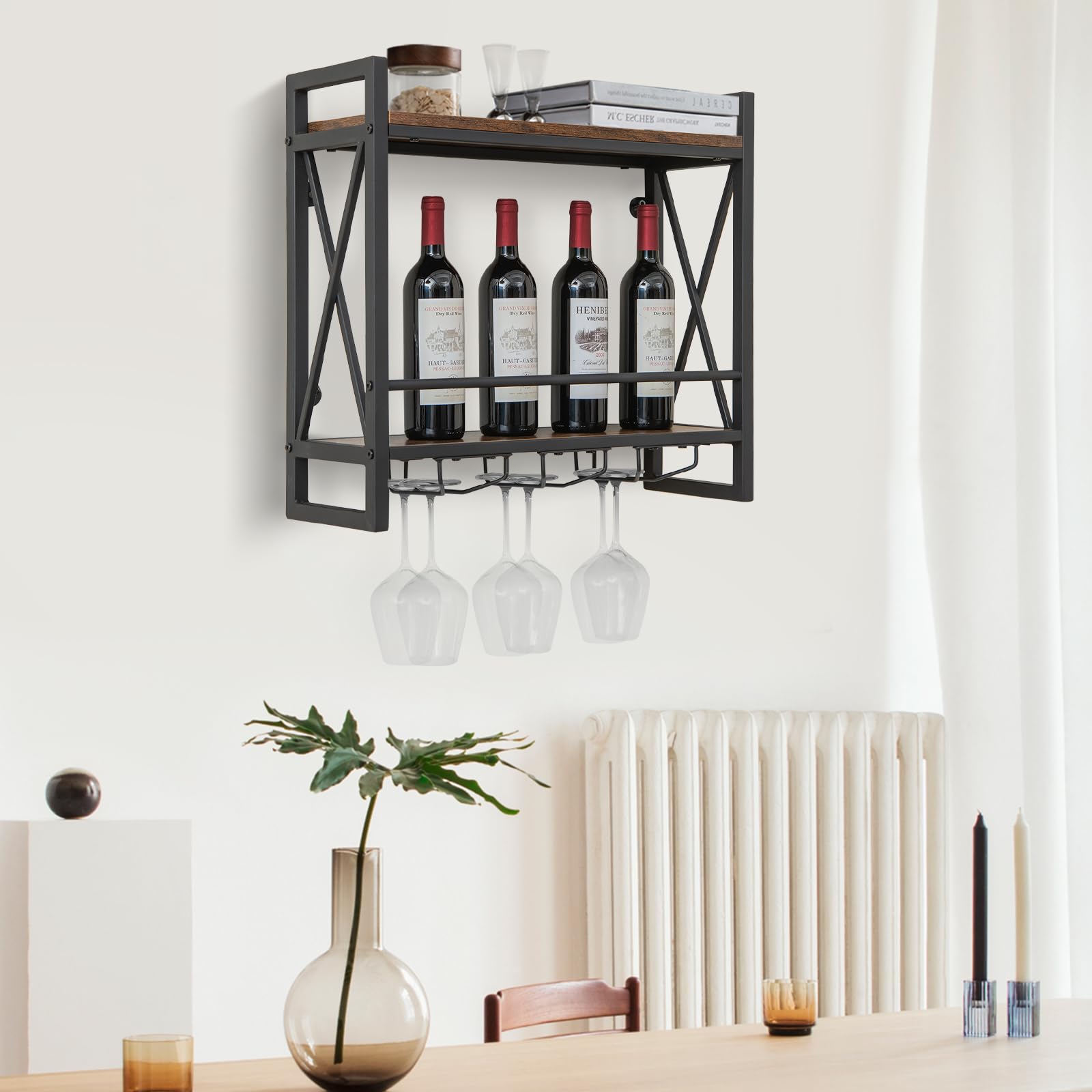 GYMAX Portabottiglie di Vino da Parete, Scaffale da Parete con Portabicchieri, Mensola a Soffitto con Telaio in Metallo, Portavino Cantinetta Vino per Cucina Bar Ristorante (Stile 2)