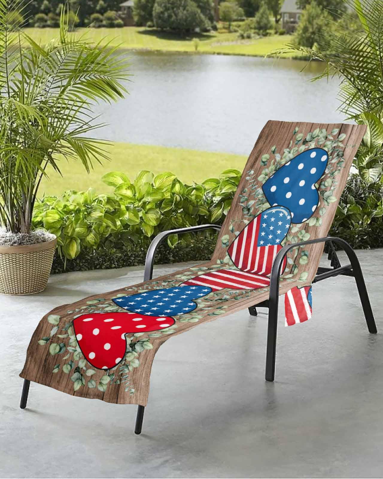 Star Stripe Flag Beach Chair Towel Covers for Chaise Lounge With Side Pocket, Soft Plush Pool Towels Cover for Patio Sunbathing Outdoor 29''x85'' Eucalyptus Leaves Love Heart Wooden Brown