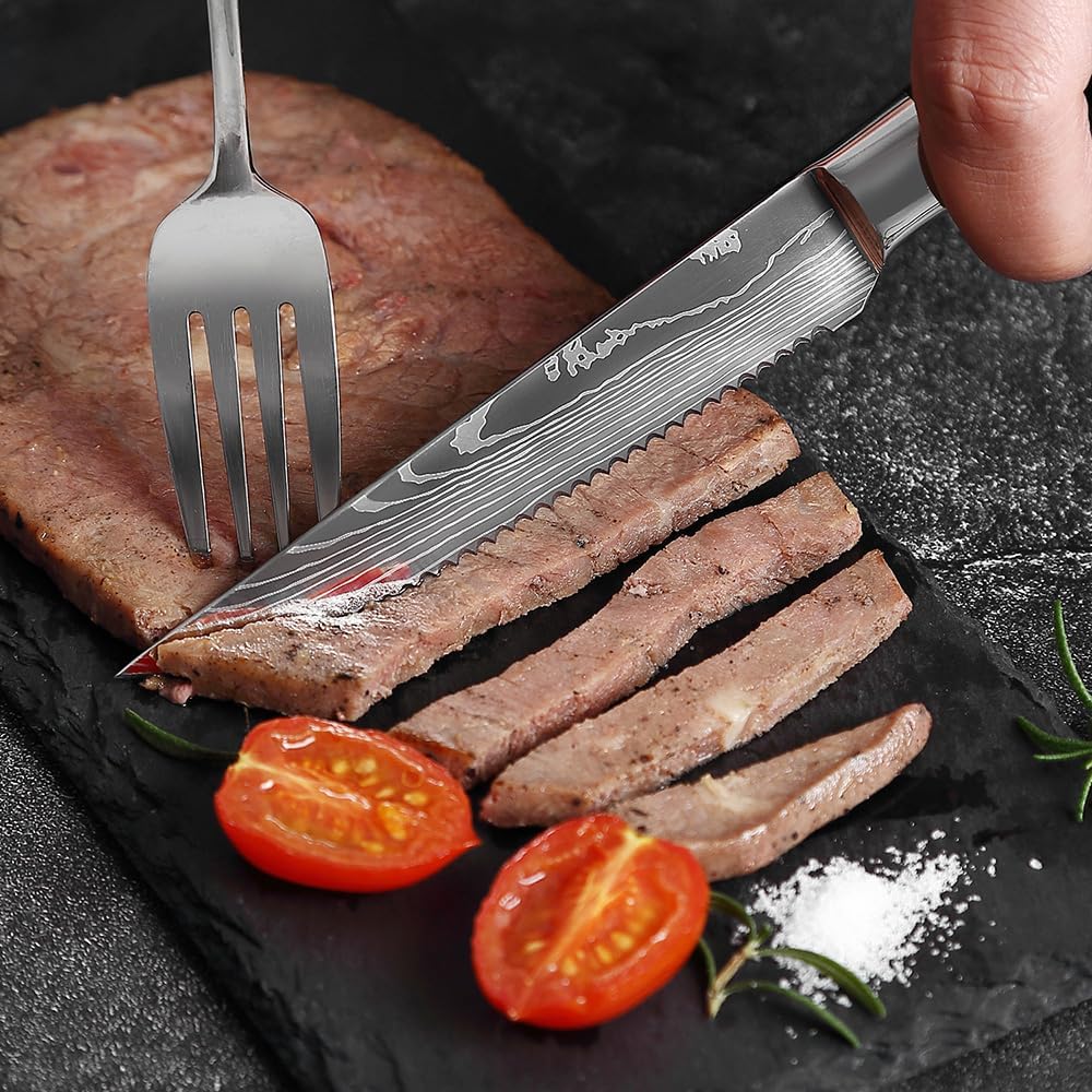 Steak Knife Set, 6PCS Steak Knife Set Blue Resin Handle Laser Damascus Pattern Sharp Serrated Cut Meat Fruit Knife Kitchen Restaurant Steak Knives