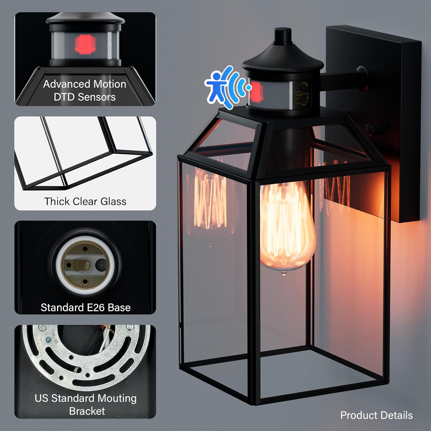 ZAGO 2 Packs Wall Mounted Outdoor Motion Sensor Coach Light, Dusk to Dawn Outdoor Wall Sconce Light, Anti-Rust Outdoor Lantern with E26 Sockets & Clear Glass, Black, ETL, Wet Rated