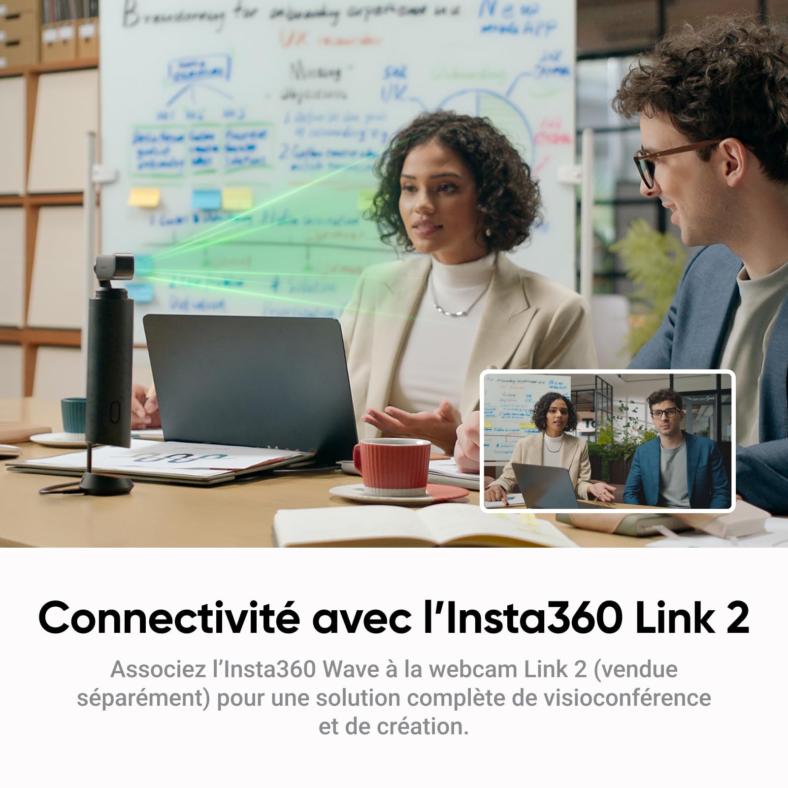Insta360 Wave Noir Graphite– Haut-Parleur IA, Bluetooth, enregistreur Vocal, 8 micros réduction du Bruit, Beamforming, certifié Zoom, Transcription et résumé IA, 99 Langues, Stockage 32 Go
