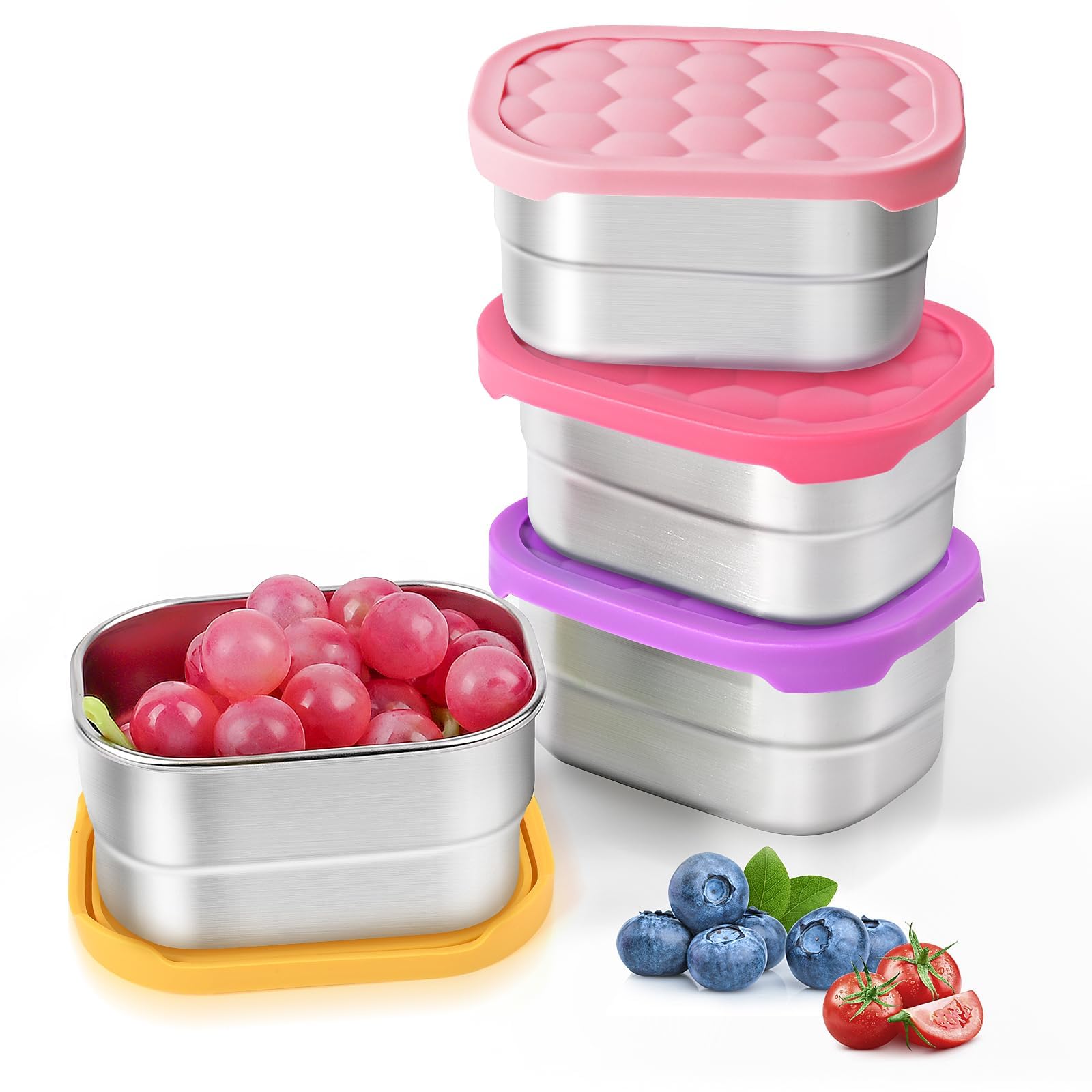 Tanjiae 4Pack Small (1 CUP) 8oz Stainless Steel Snack Containers for Kids | Reusable Easy Open Toddler Snack Containers with Silicone Lids | Stackable Toddler Lunch Box for Daycare, School and Travel