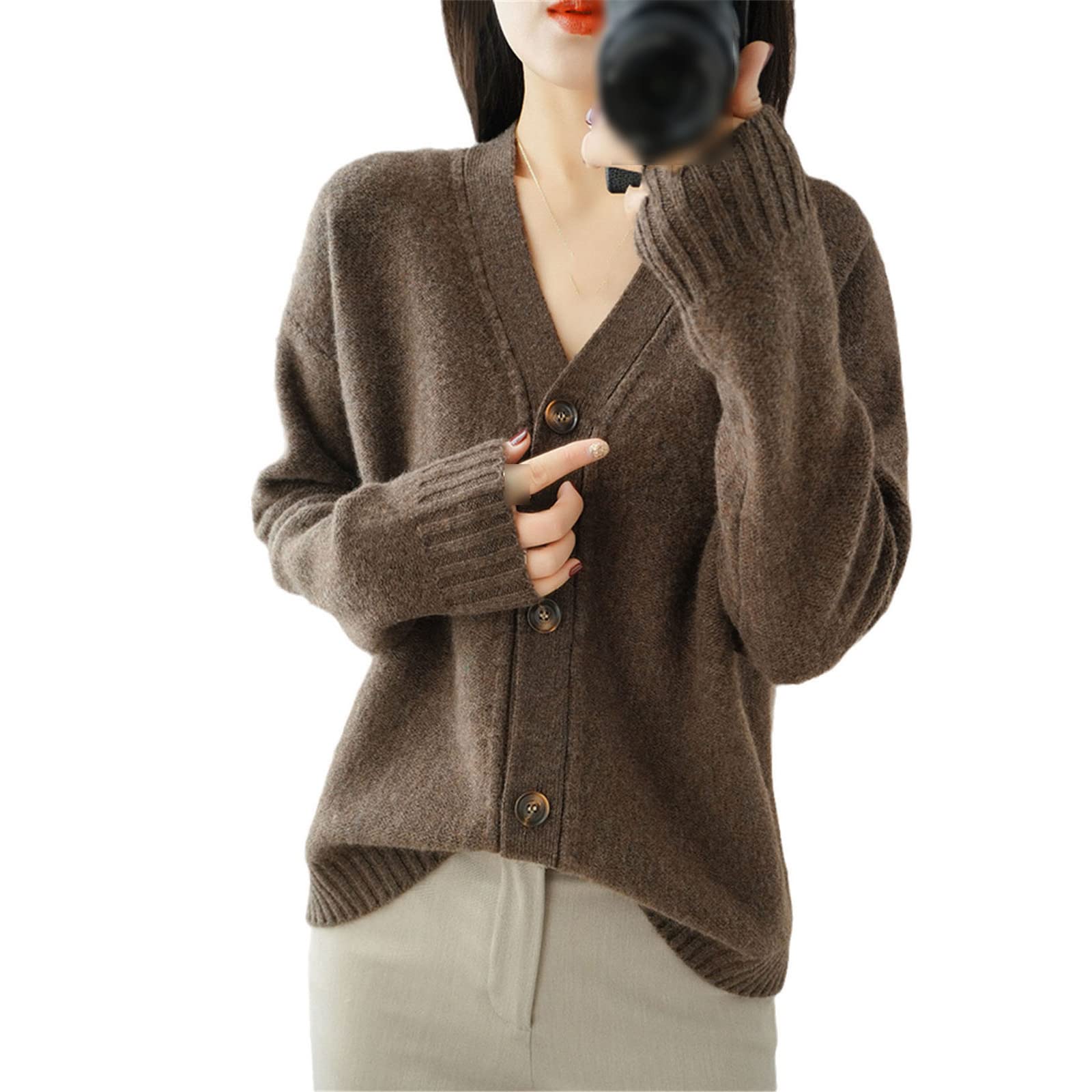 Cardigan in cashmere Autunno e Inverno con scollo a V Solido Maglione Cappotto Cardigan lavorato a maglia, Marrone, M
