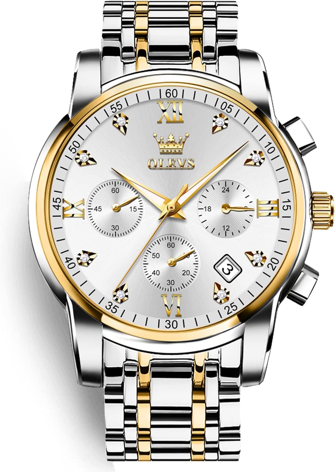 – Men's Chronograph Watch, Gold Silver Tone Stainless Steel Analog Quartz Watch, Multi-Function Waterproof Date Diamond Roman Numerals Dial Dress Watch for Men