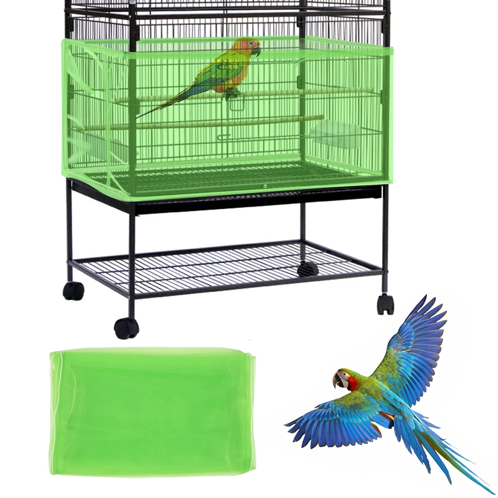 Daoeny Large Bird Cage Cover, Bird Cage Seed Catcher, Adjustable Soft Airy Nylon Mesh Net, Birdcage Cover Skirt Seed Guard for Parrot Parakeet Macaw African Round Square Cages (Green)