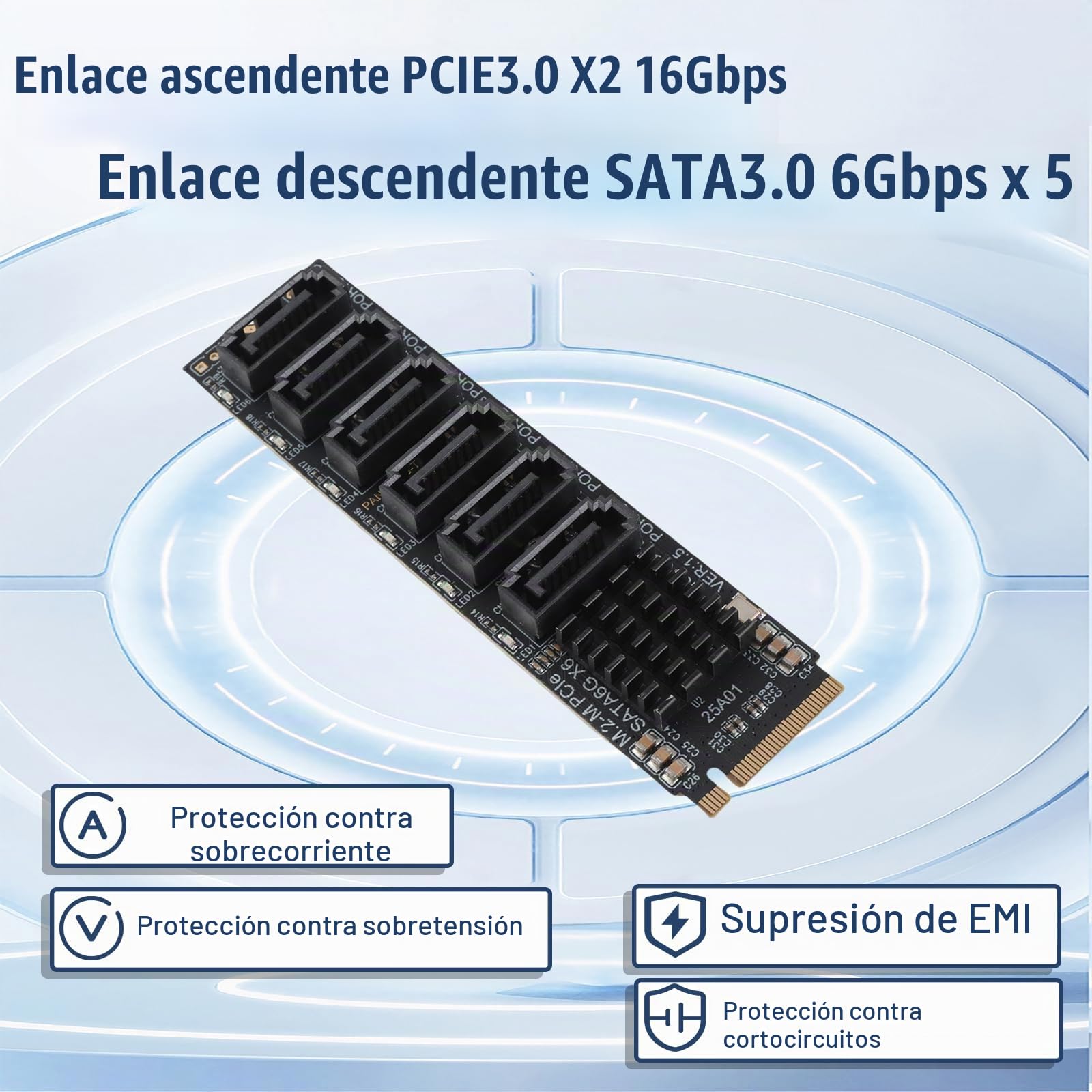 M.2 a SATA3.0, Tarjeta de Expansión, 6 Puertos Controlador SATa 3.0 Tarjeta de Expansión PCIe para Chip ASM1166, Tarjeta Adaptadora PCIE3.0 X2 16 Gbps, SATA3.0 6 Gbps X 5 Compatible con 6 Dispositivos