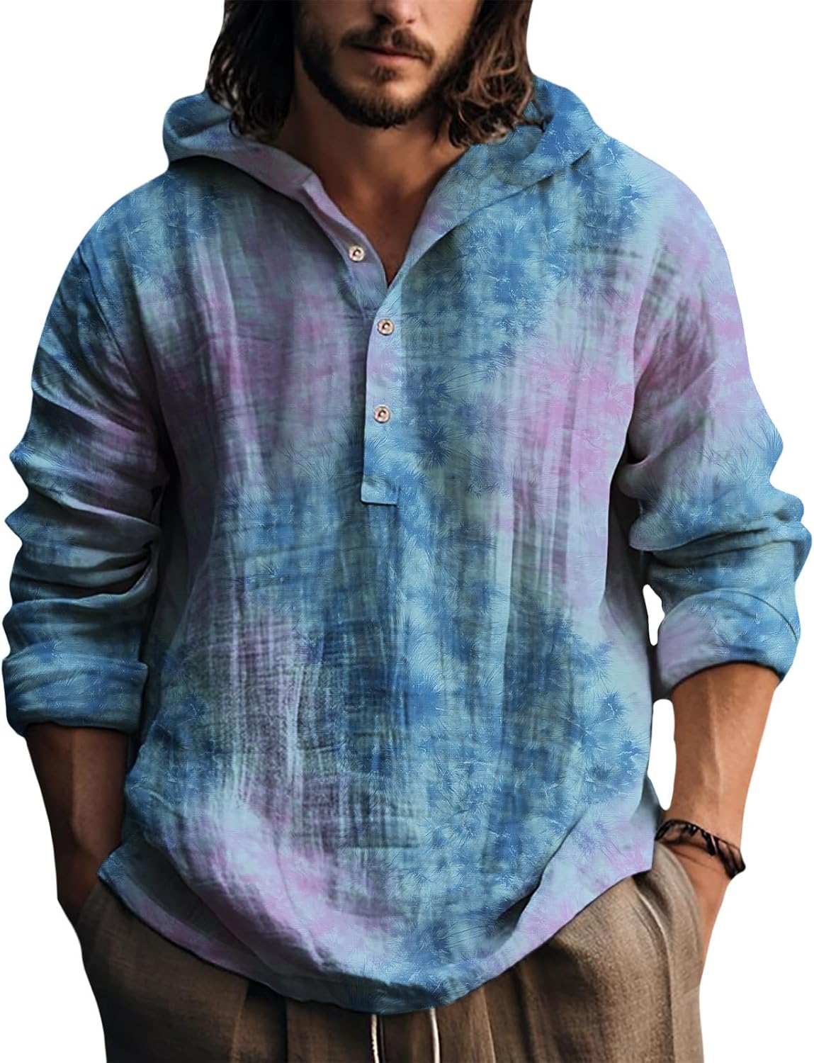 Mens Hooded Tie Dye Button Up Shirt Long Sleeve Casual Pullover Top Relaxed Fit Beach Vacation Streetwear