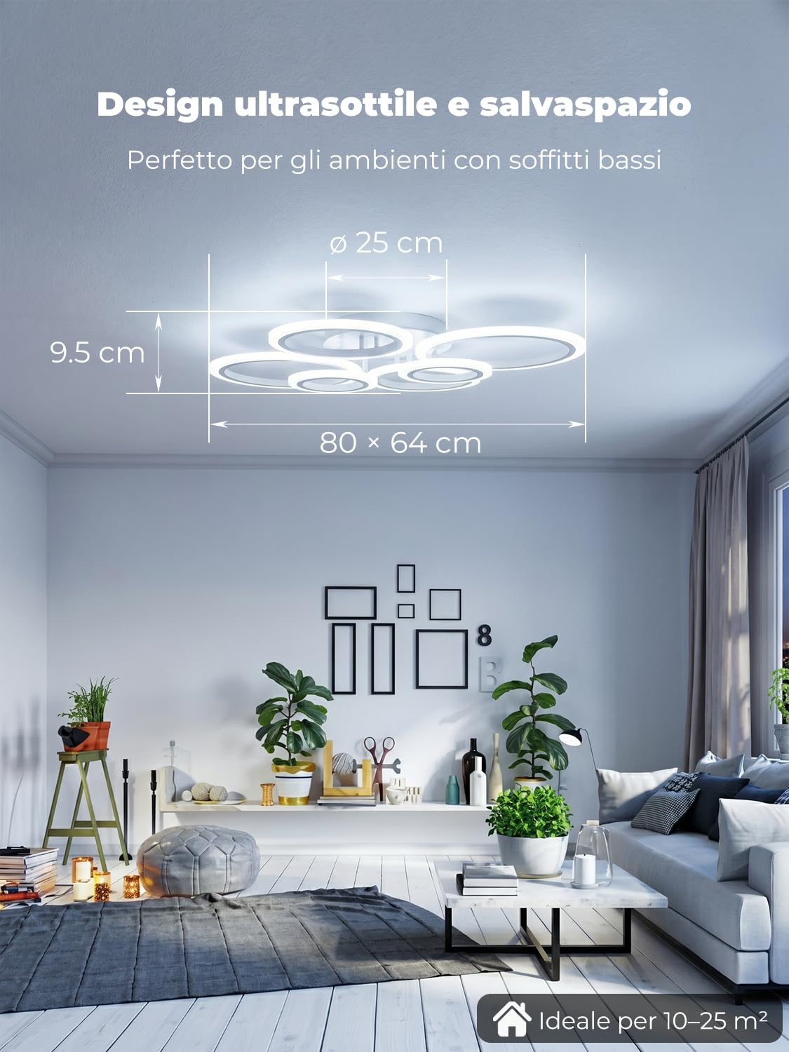 Plafoniera LED Soffitto Moderna Smart WiFi, Lampadario di Design a 6 Anelli 76W, Dimmerabile con App e Telecomando, Compatibile con Alexa e Google Home per Soggiorno Camera da Letto, Bianco
