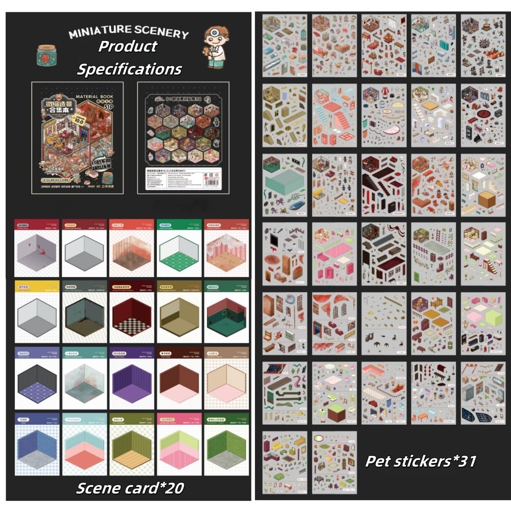 20 Sets DIY Stickers Scene,Cartoon 3D Mini House Stickers Set for Adults with Tweezers Make Your Own Room Horror Book Sticker Scene Therapy for Adults Relief Stress Pass The Time Gift(Black) - Image 2