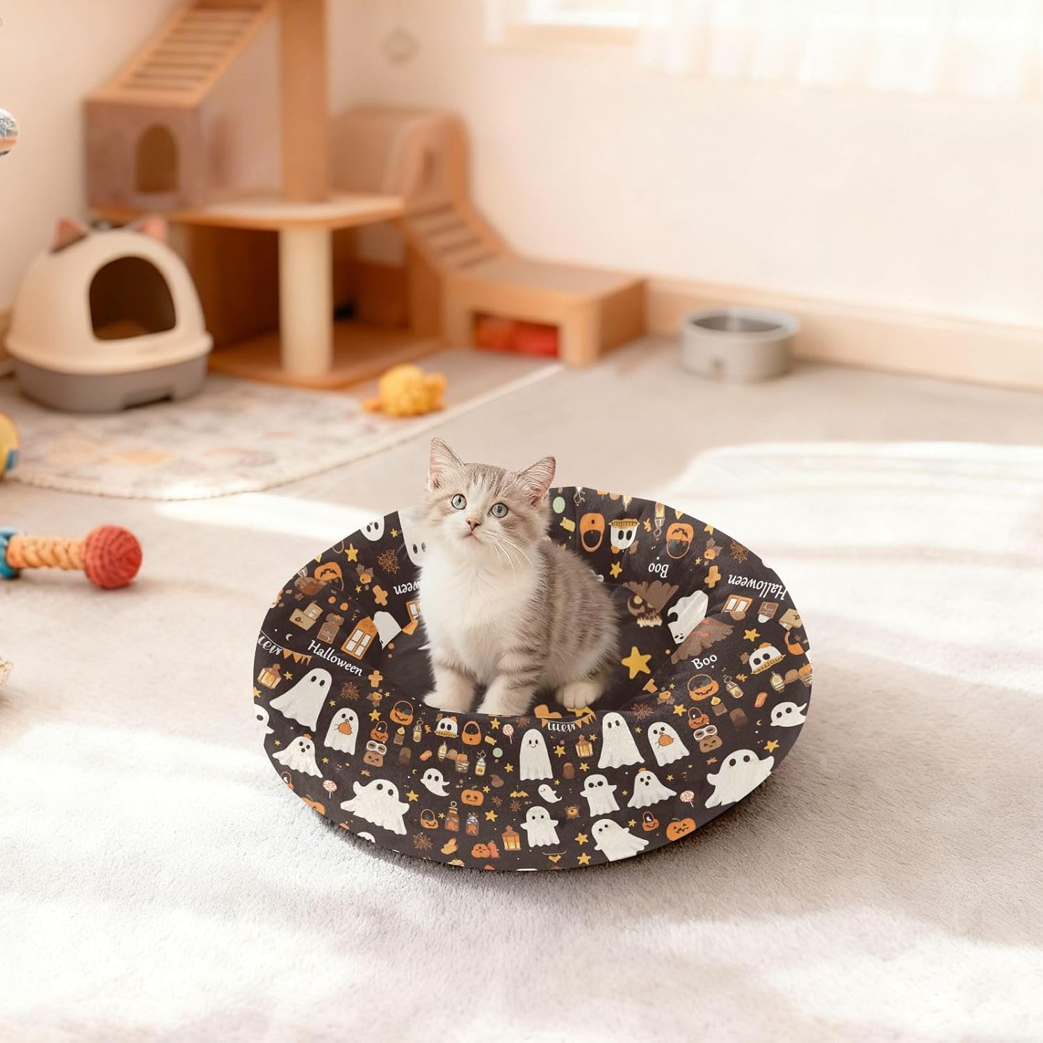 Pet Dog Beds Anxiety Relief Fluffy Cat Pillow Bed for Small Size Pets Supplies M Halloween Ghosts Brown