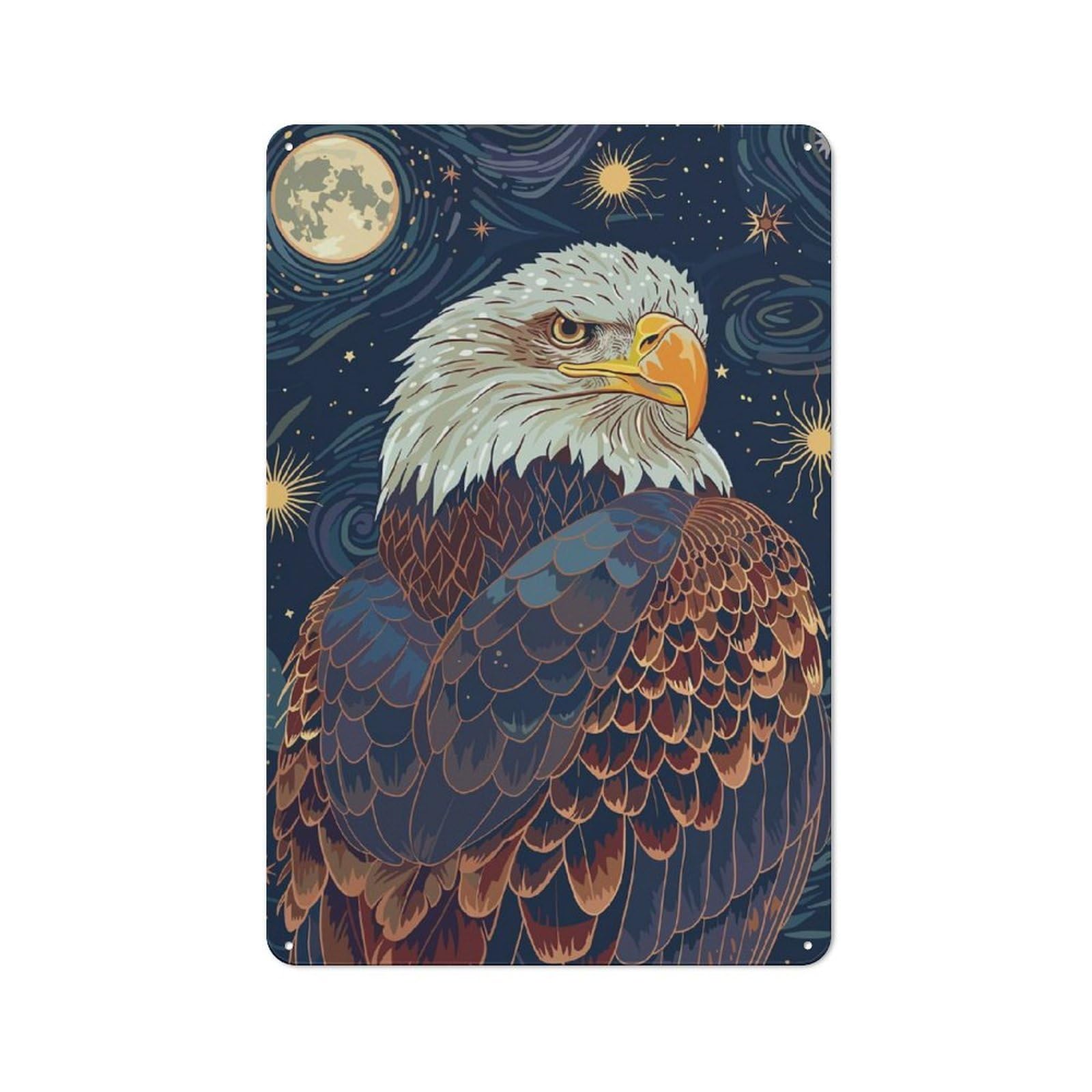 Junmoney Eagle In Starry Night Sky Illustration Rustic Metal Sign 30X20cm For Kitchen Or Home Bar, Gift For Kitchen Decor Lovers During The Christmas Season