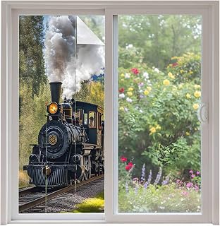 Retro Landscape Privacy Window Film, Nature Train Steam Mountain Forest Country Stained Glass Film Non-Adhesive Window Clings, UV Blocking Static Sticker Covering Reusable for Home 35.4x78.7in