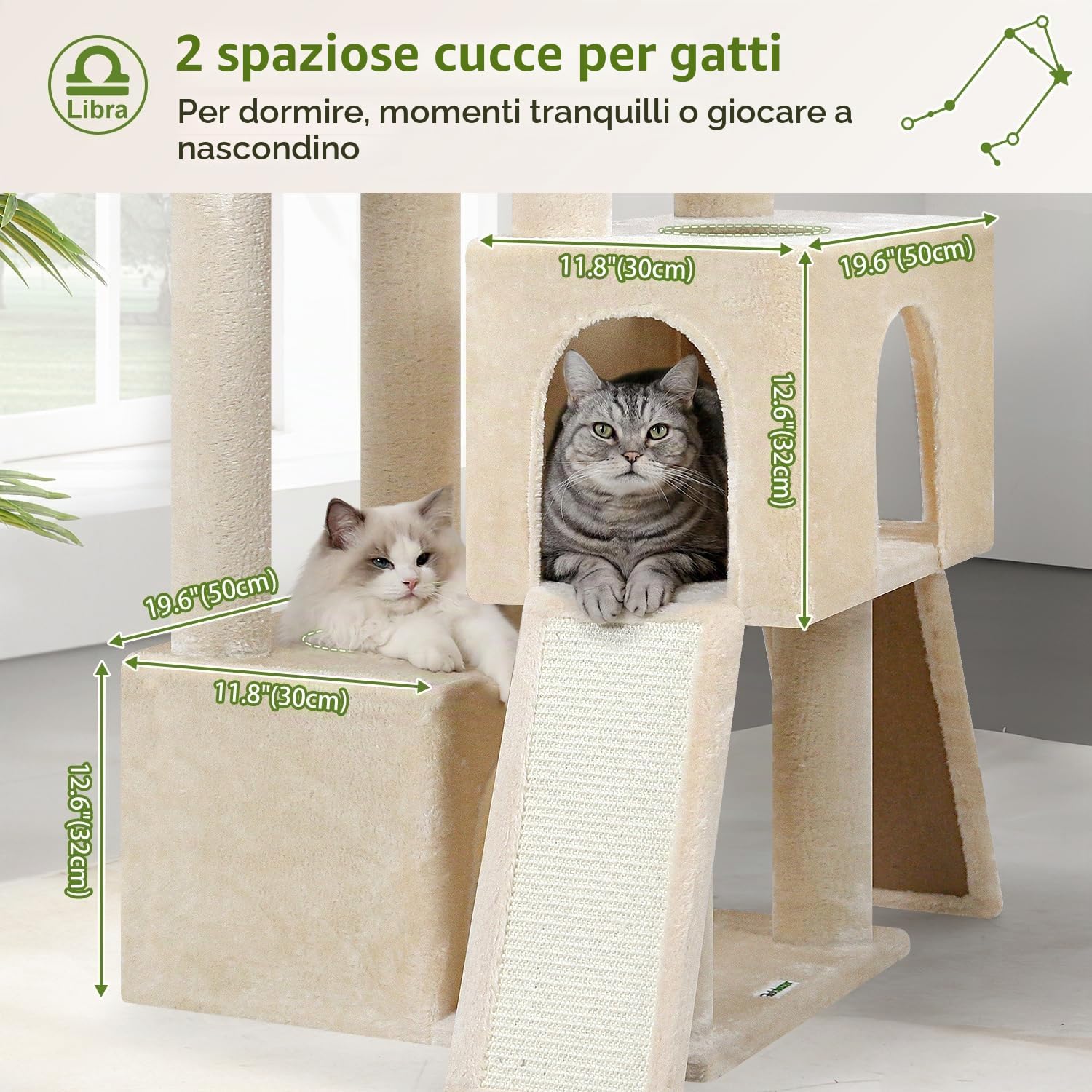 Globlazer Tiragraffi Beige XXL per Gatti Adulti Alto 200 cm con 2 Grandi Piattaformas, 2 Grand Grotta, 2 Rampas Sisal, 2 Cestini, Albero Tiragraffi 2m Stabile per Multipli Gatti Grandi (Z78, Beige)