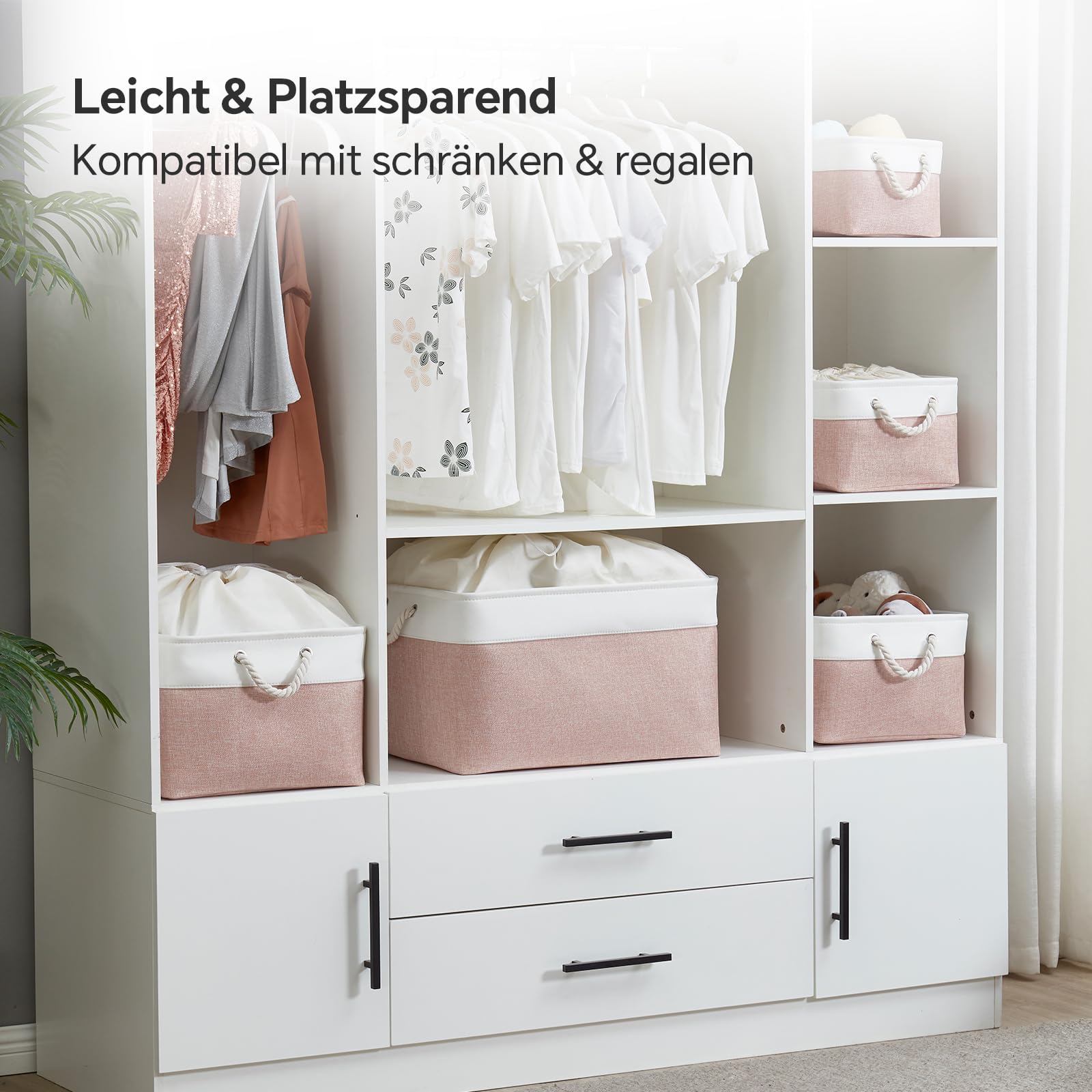 Mangata Aufbewahrungsboxen aus weichem Stoff, verschiedene Größen, rechteckige Behälterkörbe für Regal, Kleiderschrank, Spielzeug und Kleidung, 50 x 40 x 30 cm, Rosa und Weiß (XXL, 4 Stück)