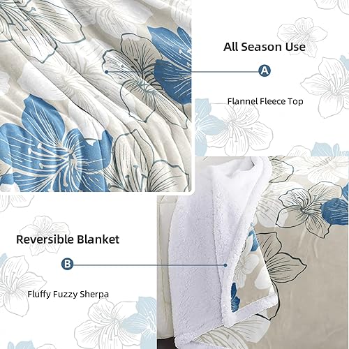 Miniatura 4 de Manta floral con patrón de flores azules, mullida, cálida, de microfibra de forro polar para sofá y sillas, suave para todas las estaciones, 50 x 60