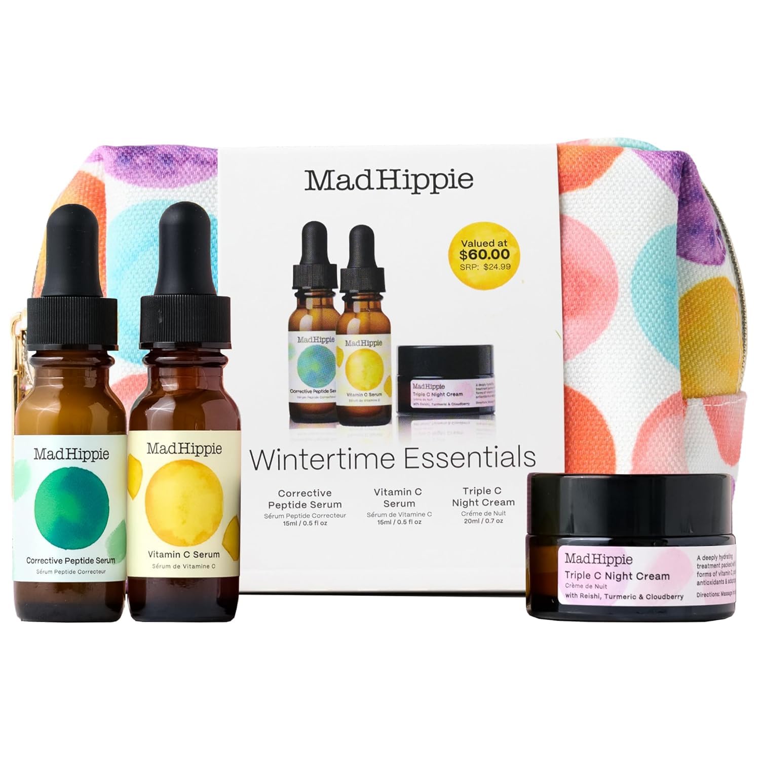 Mad Hippie Wintertime Essentials Travel-Size Skin Care Kit – Vitamin C Serum, Corrective Peptide Serum, Triple C Night Cream (0.5 Oz Ea) in a 100% Recycled Cosmetics Bag + 3 Assorted Sachets