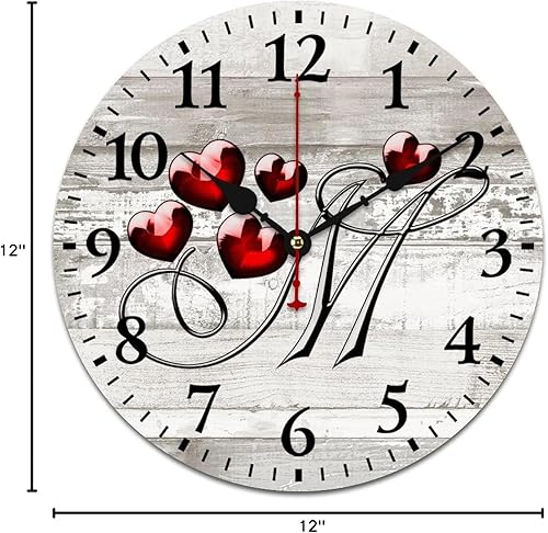 Miniatura 9 de Reloj de madera con monograma de corazón rojo, letra M, letra M, corazón floral, monograma, letra de interior, funciona con pilas, silencioso, sin