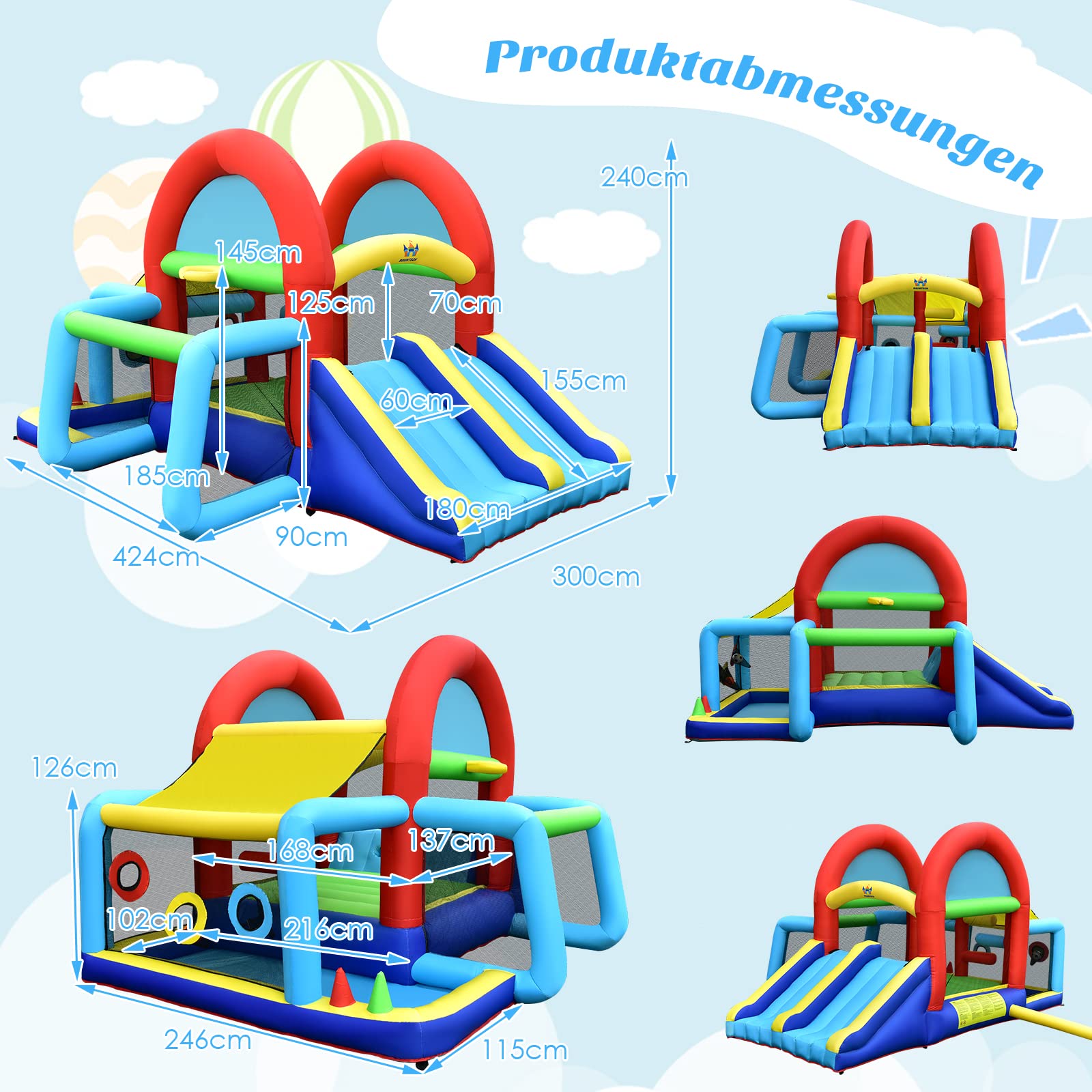 COSTWAY Hüpfburg mit Gebläse, Doppelrutschen, Sprungbereich, Kletterwand, Bällebad, Fußballtor, Basketballkorb, Zielspiel & Ringwurf, Outdoor Hüpfschloss für Kinder, 424 x 300 x 240 cm