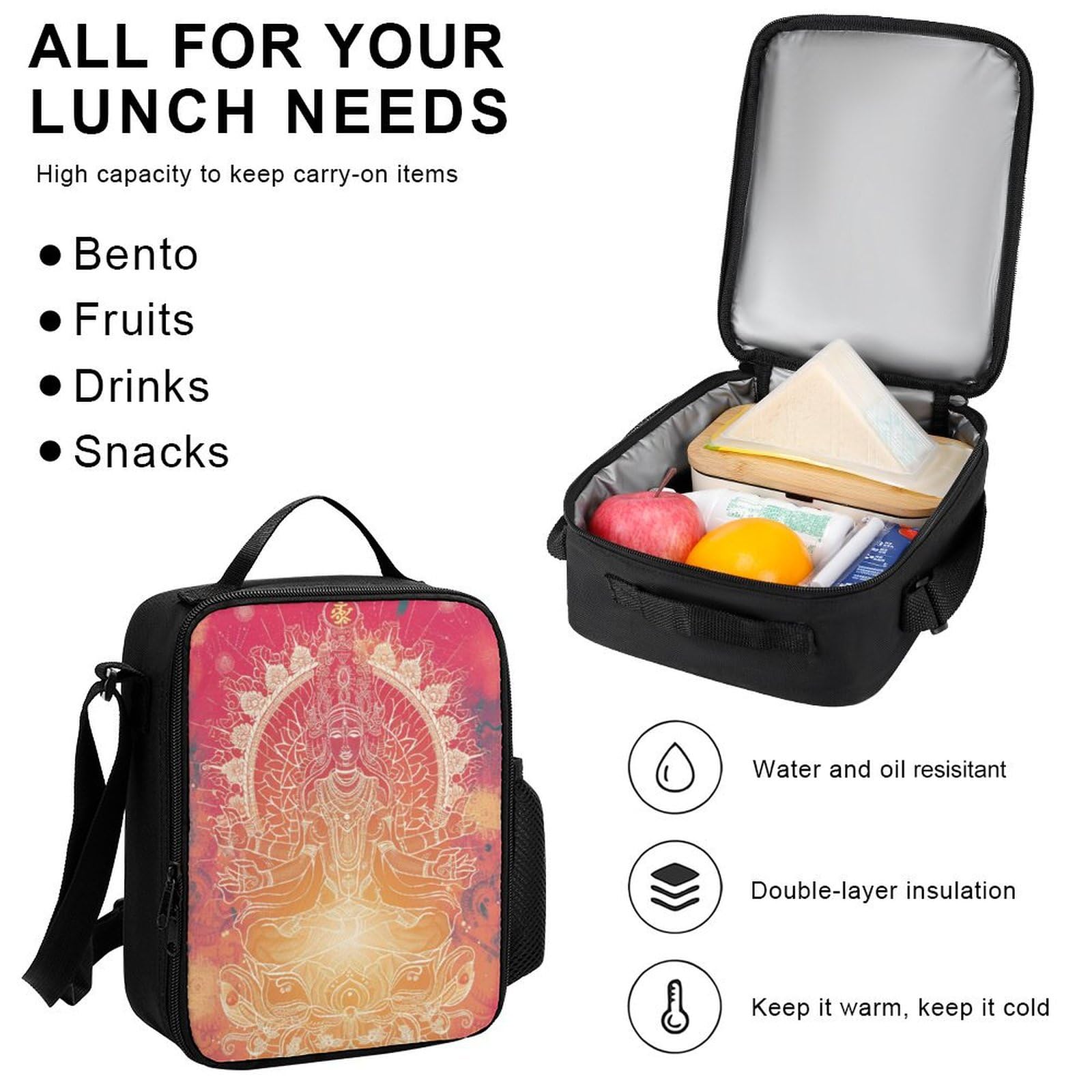 Ensemble de Sac à Dos Bouddha Fille Primaire 3 Pièce, Cartable Enfant Bouddhisme Scolaire avec Sacs à Déjeuner et Trousse Crayon, Sac Ecole Fille pour CP CE CM 8-13 ans
