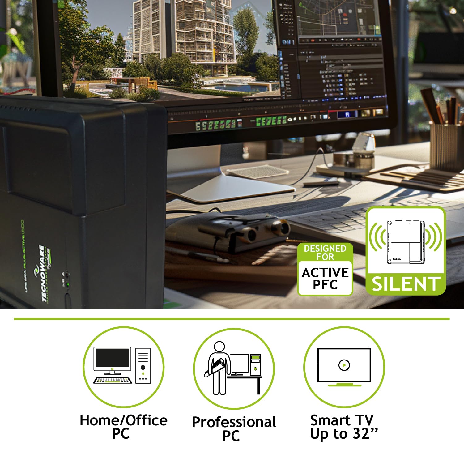 Tecnoware UPS ERA PLUS ACTIVE 1600, Protezione Blackout per PC, Mac, Console Gaming, AVR Stabilizzatore, USB, Schuko, Software Manager, Silenzioso, Batteria 12V 11Ah, 1600VA, Pronto all'uso