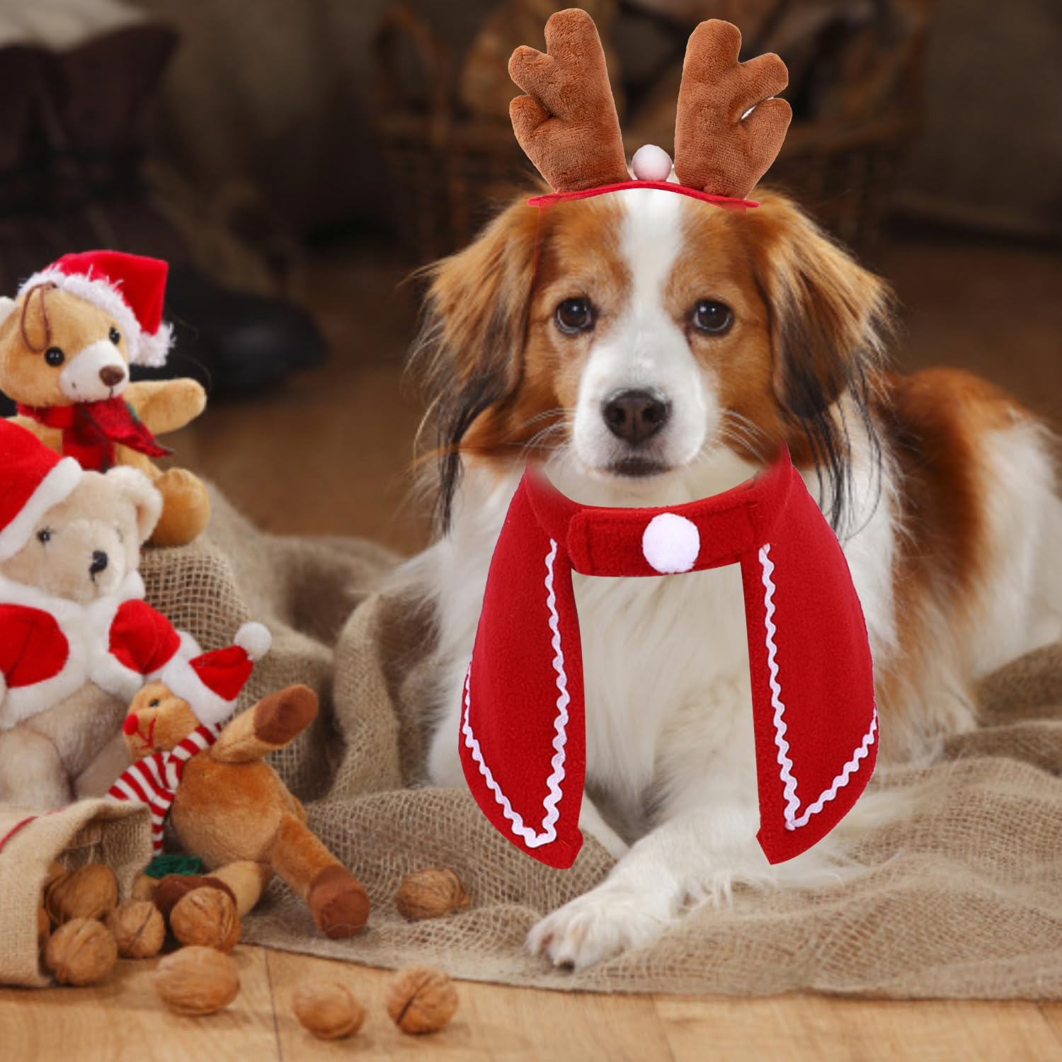 MFUOE 3Pieces Christmas Pet Costume Outfit Cute Reindeer Headbands Red Cloak Scarf Small Cats Dogs Cosplay Clothes Accessories for Holiday Party Decoration - Image 4