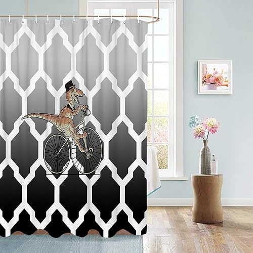 Miniatura 2 de Vandarllin Divertida cortina de ducha con diseño geométrico de dinosaurio para bicicleta, juego de cortinas de ducha para niños, con ganchos, tela