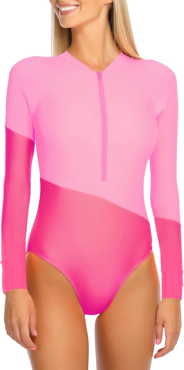 Ocean Blues Women's Long Sleeve Rash Guard Printed Surfing Swimsuit Zipper One Piece Bathing Suit