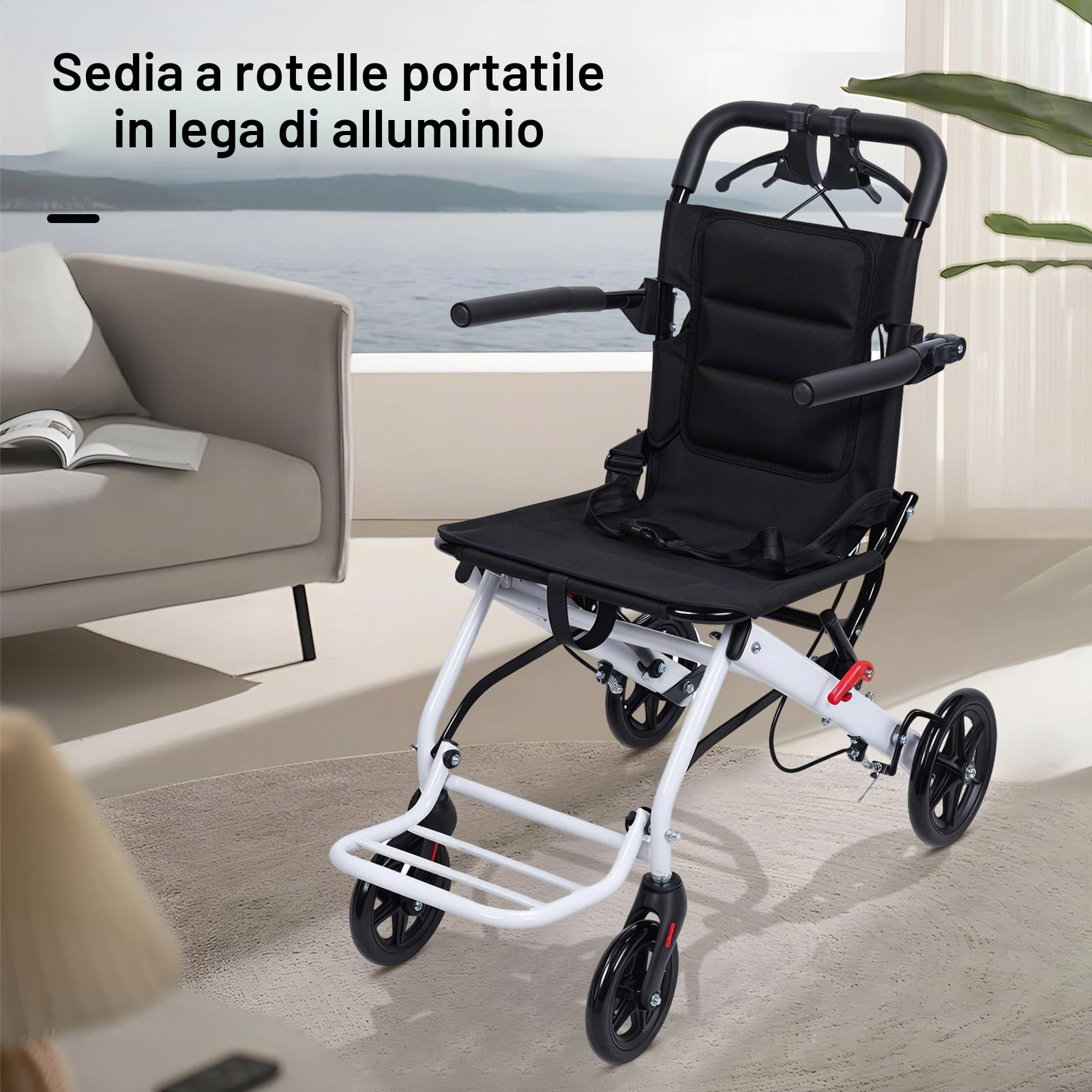 Sedia a rotelle portatile, leggera, da viaggio, pieghevole, compatta, con struttura in acciaio al carbonio, freno a mano integrato, ruote a 360 gradi per adulti e bambini