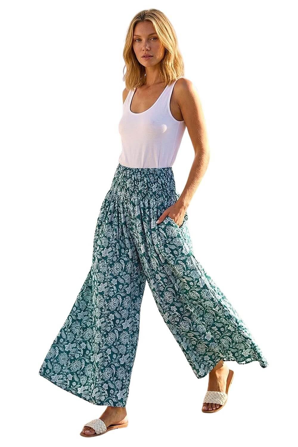 Roman Originals - Women's - Palazzo Trousers - Floral - Green