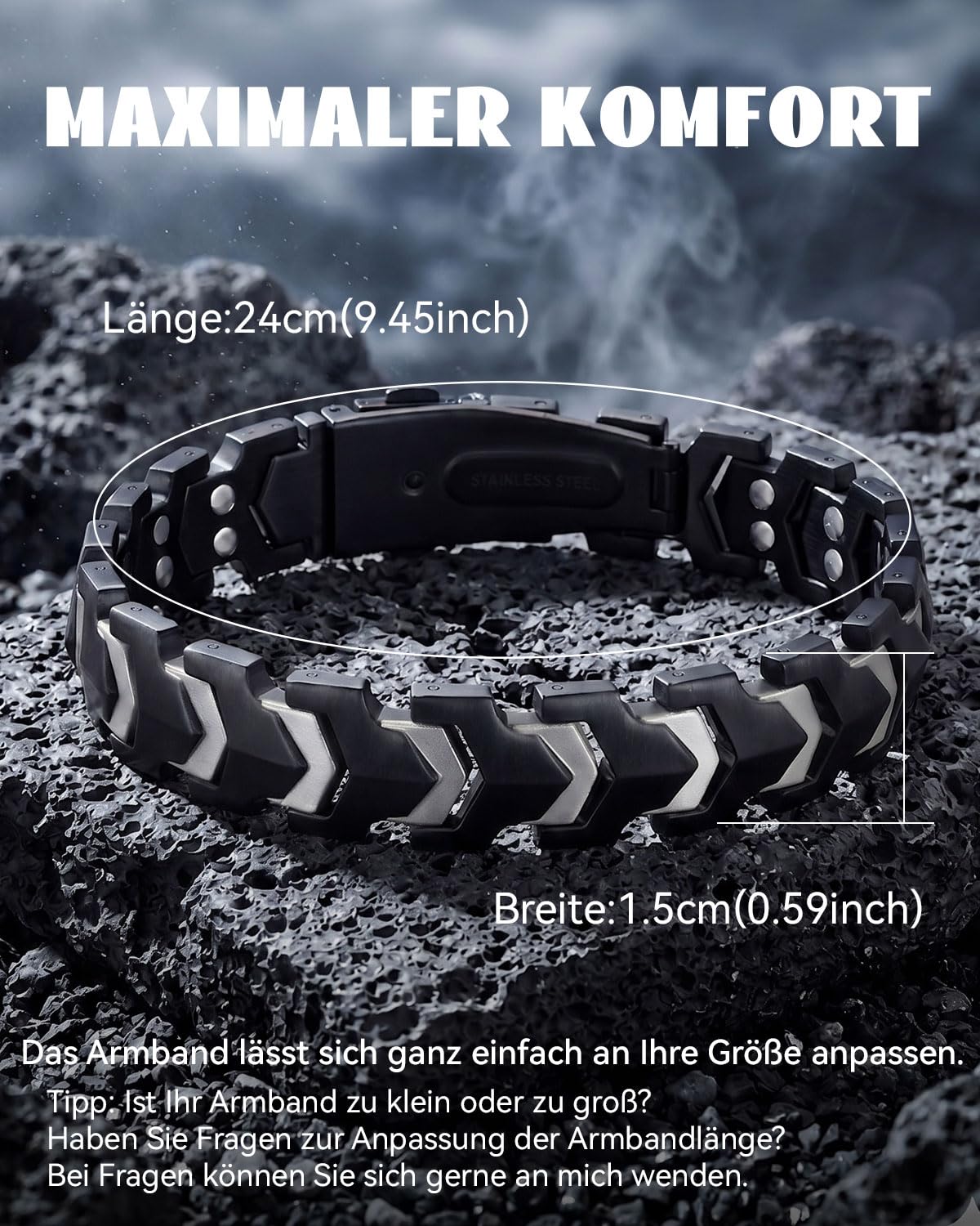 RainSo Magnetarmband Herren, Edelstahlarmband für Herren-Matt Pfeildesign, Verstellbare, Robuste Kette für Outdoor-Klettern (9,45 Zoll)