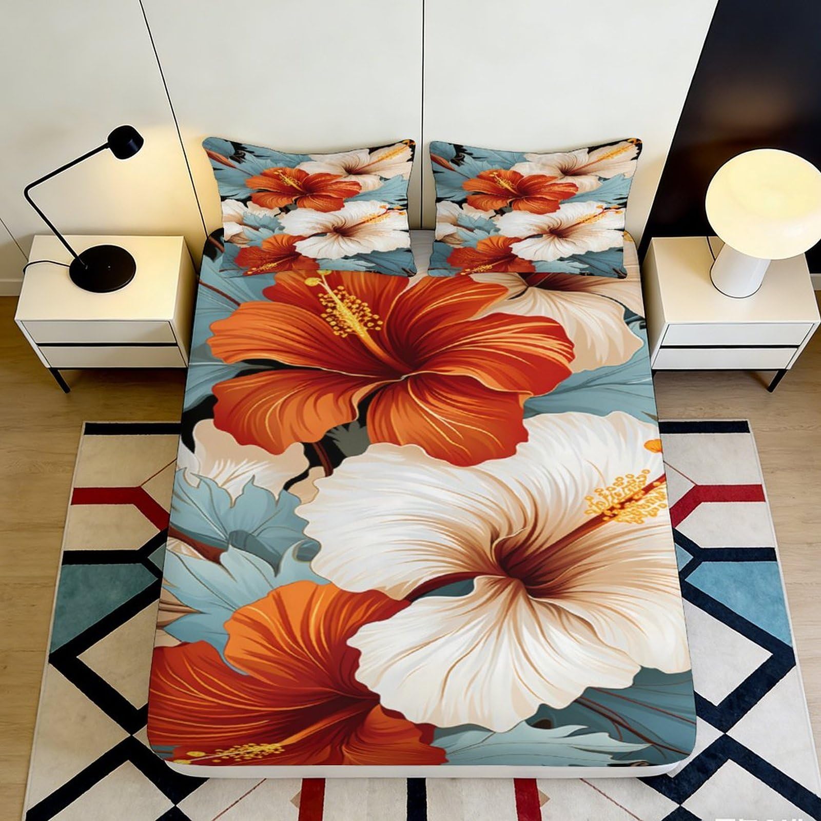 Pnayamiorkfel Style-5 3D Printed Tropical Hibiscus Fitted Sheet Microfiber Soft Anti-Slip Floral Bed Cover For Bedroom Guest Room Decor 90X200x25cm