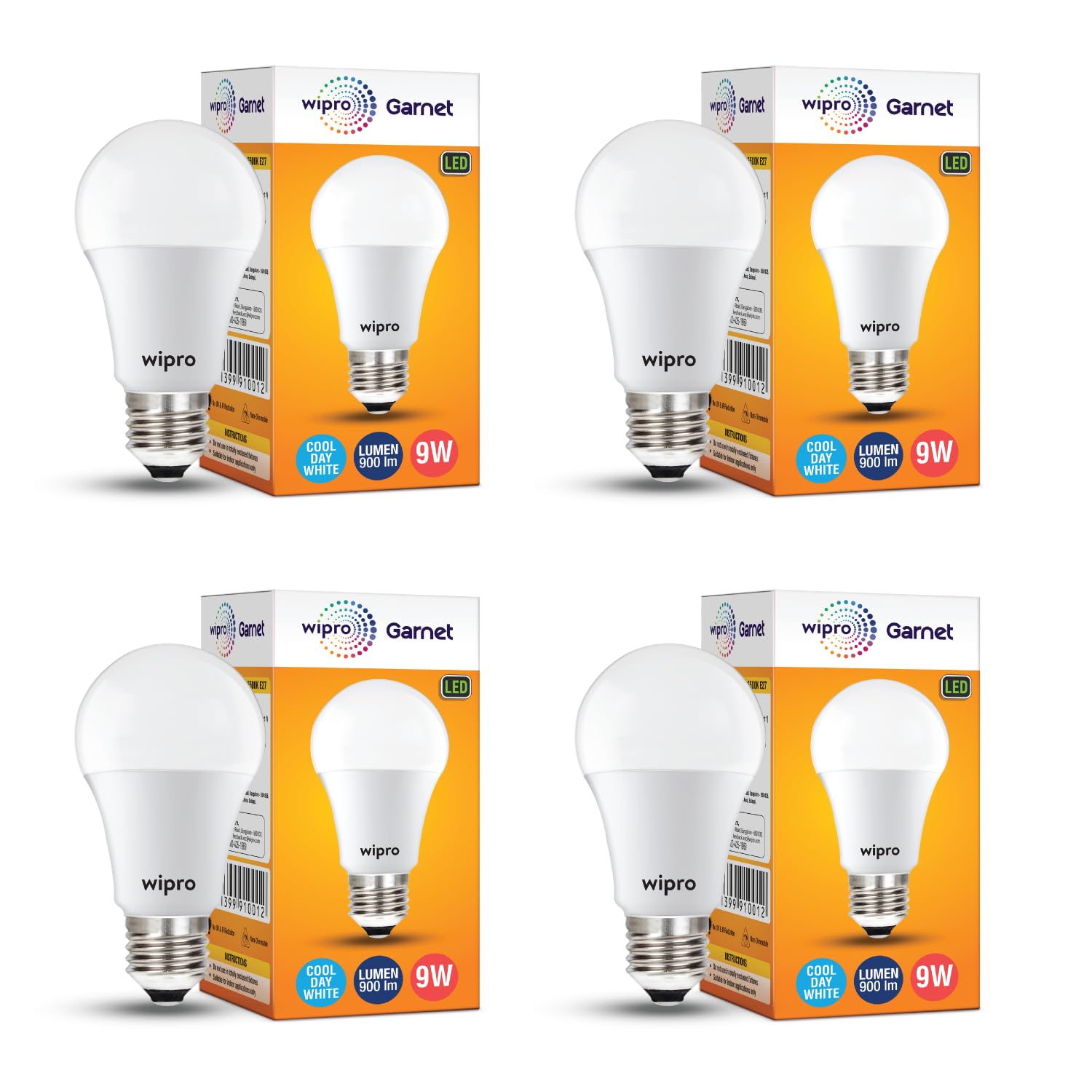 wipro Garnet 9W LED Bulb for Home & Office |Cool Day White (6500K) | E27 Base|220 degree Light coverage |4Kv Surge Protection |400V High Voltage Protection |Energy Efficient | Pack of 4