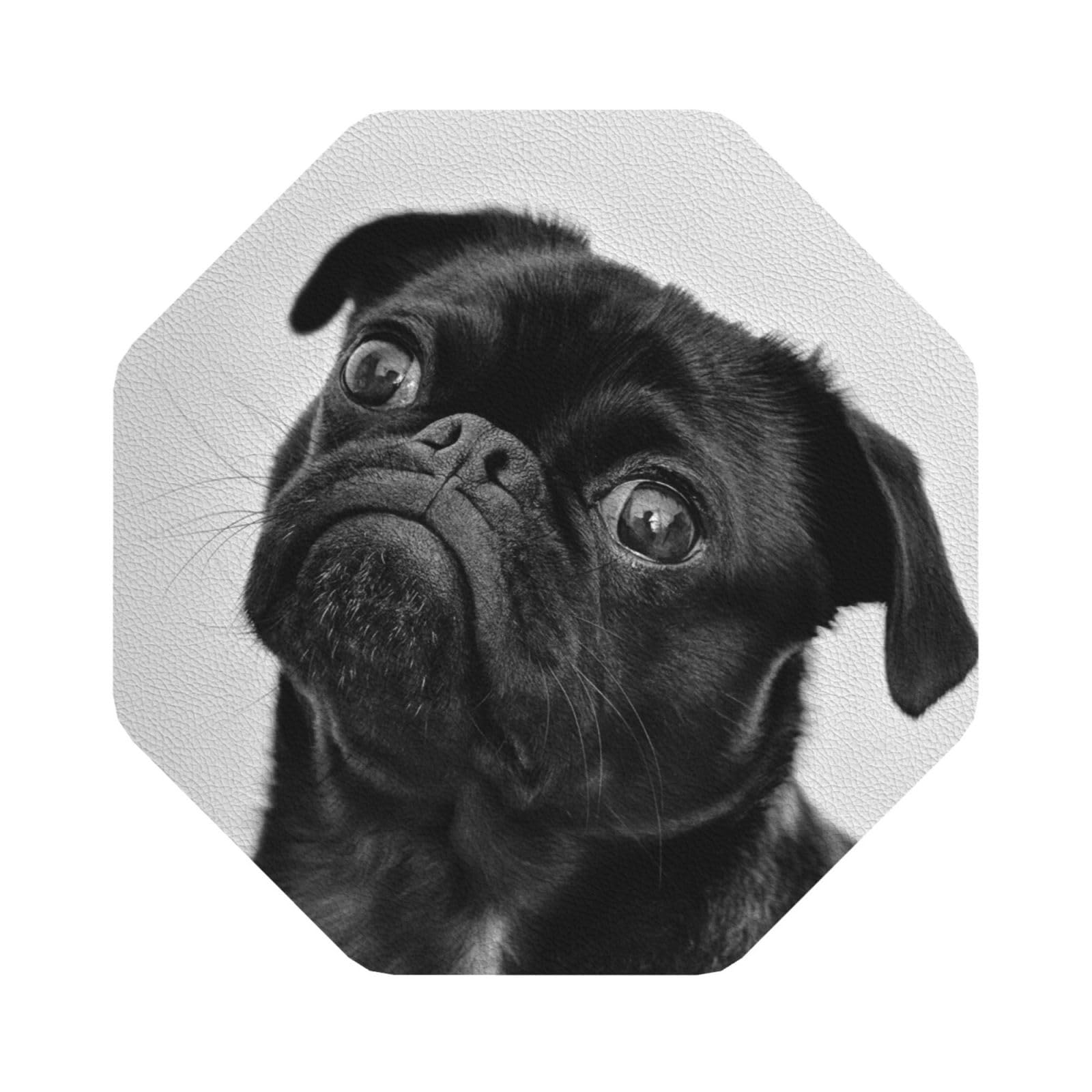 Cute Black Pug Dog PU Leather Coasters Set of 6 Octagon Drink Coasters