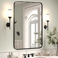 Minuover 24x36 Brushed Black Metal Framed Wall Mount Bathroom Vanity Mirror - Rounded Rectangle Modern Industrial Style