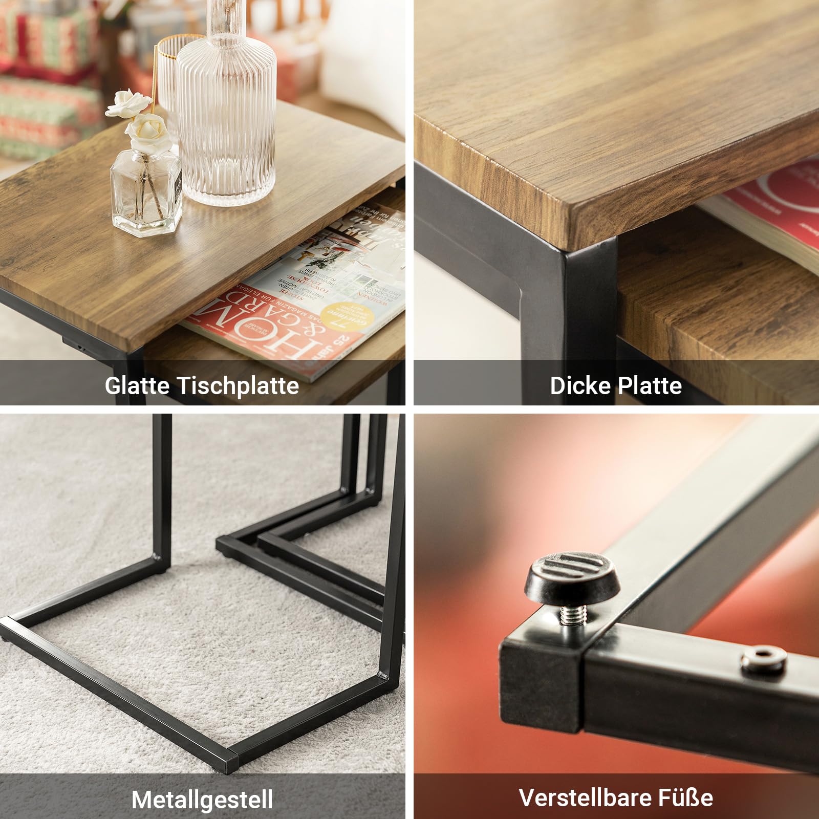 SoBuy 3er-Set Beistelltisch platzsparend, Natur & Schwarz | Moderne Couchtische für Wohnzimmer, ineinander stellbares Design, vielseitig, FBT102-F