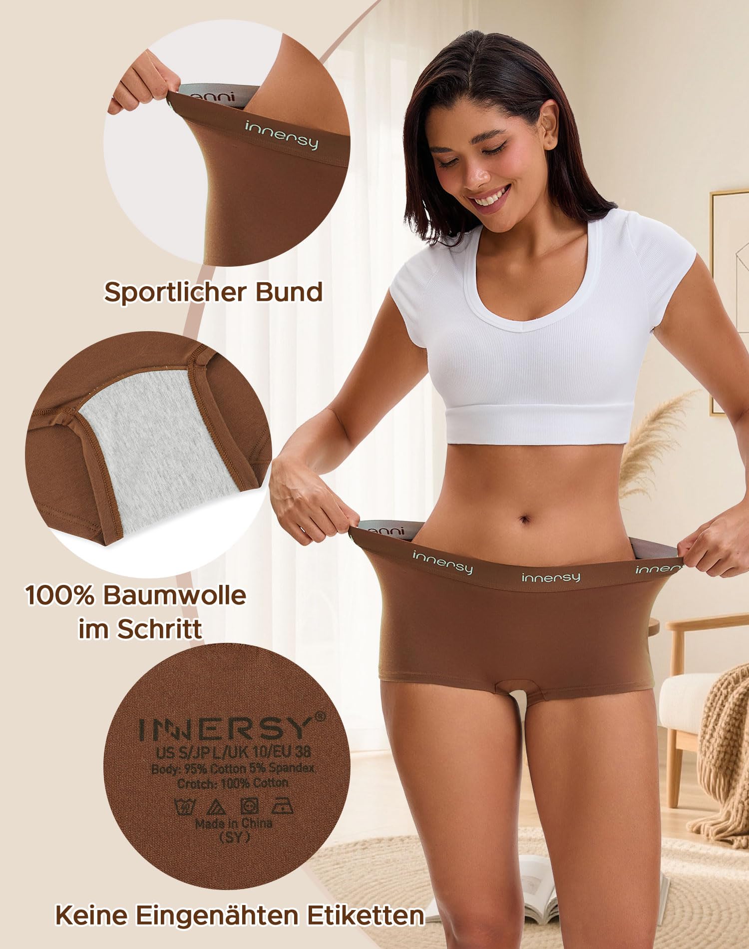 INNERSY Boxer Femme Coton Doux Shorty Sport Taille Moyenne Calecon Culotte avec Entrejambe Lot de 4