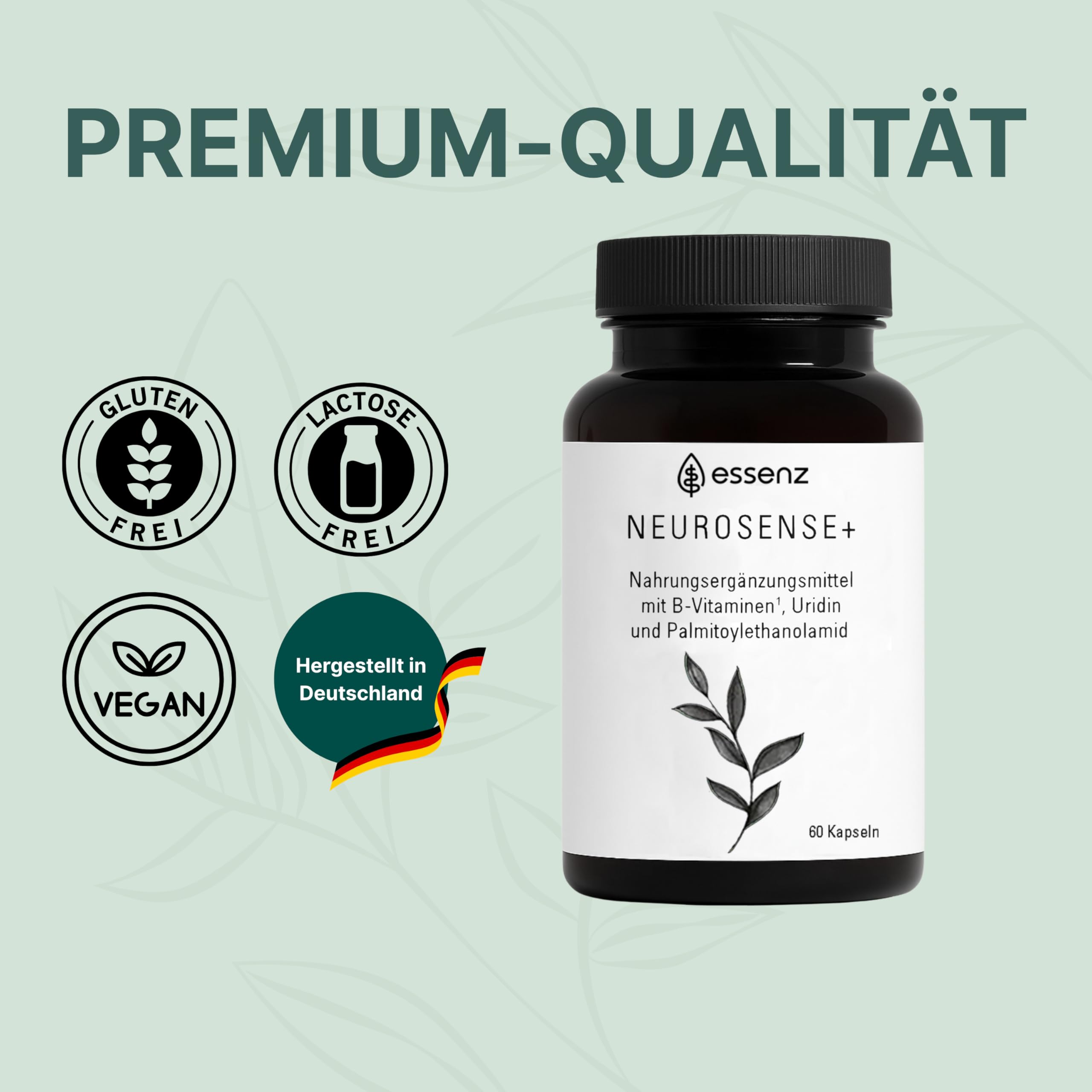 ESSENZ - Neurosense+ 60 Kapseln - Zur Unterstützung der normalen Zell- und Nervenfunktion. Natürliche Kapseln mit Folsäure sowie Vitamine B6 & B12. Made in Germany