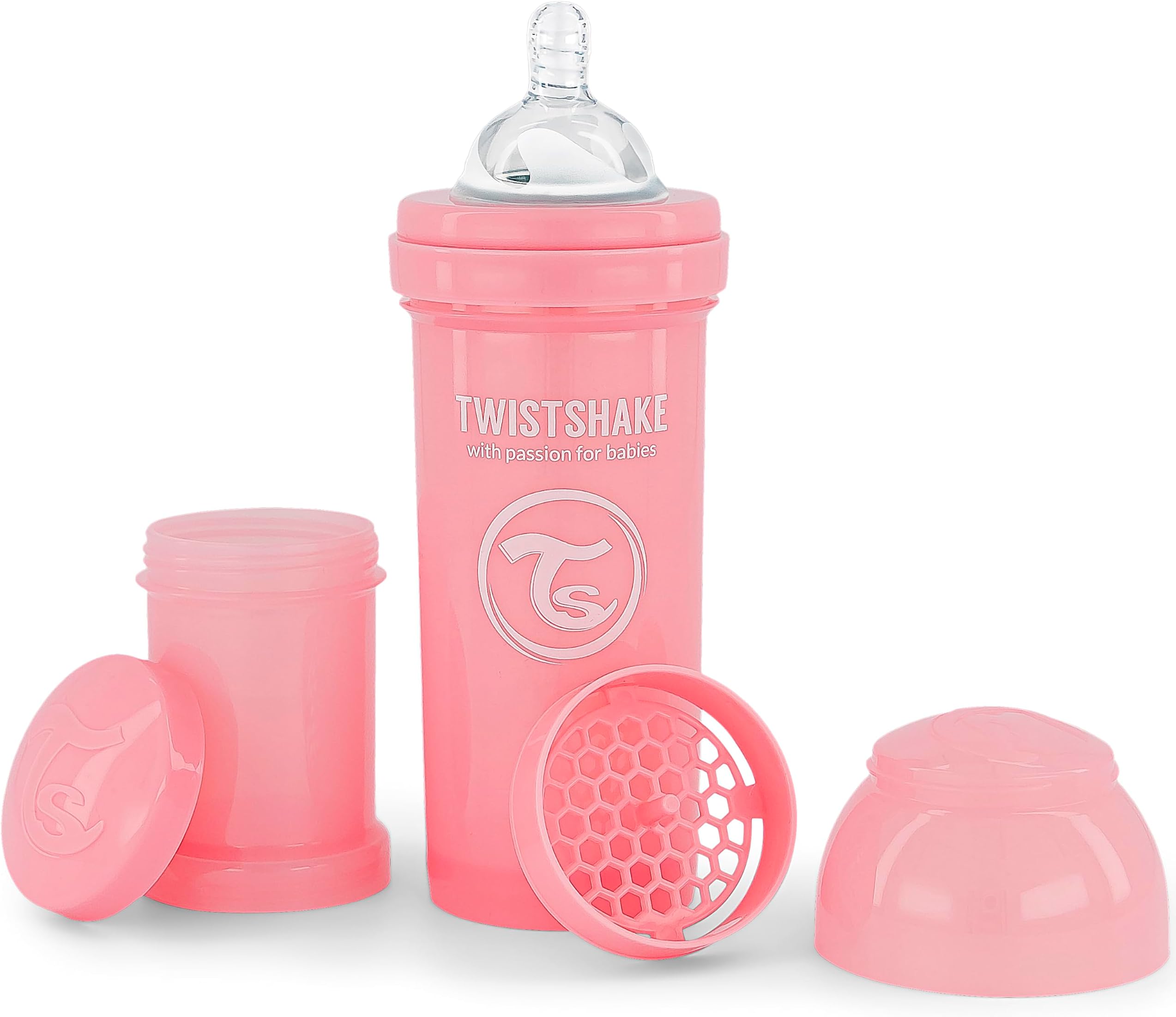 Twistshake Anti-Colic Baby Bottle with Milk Powder Container and Mixer - 260ml | Medium Flow Silicone Breast-Like Nipple | BPA- Free | Suitable for 2+ Month | Pink