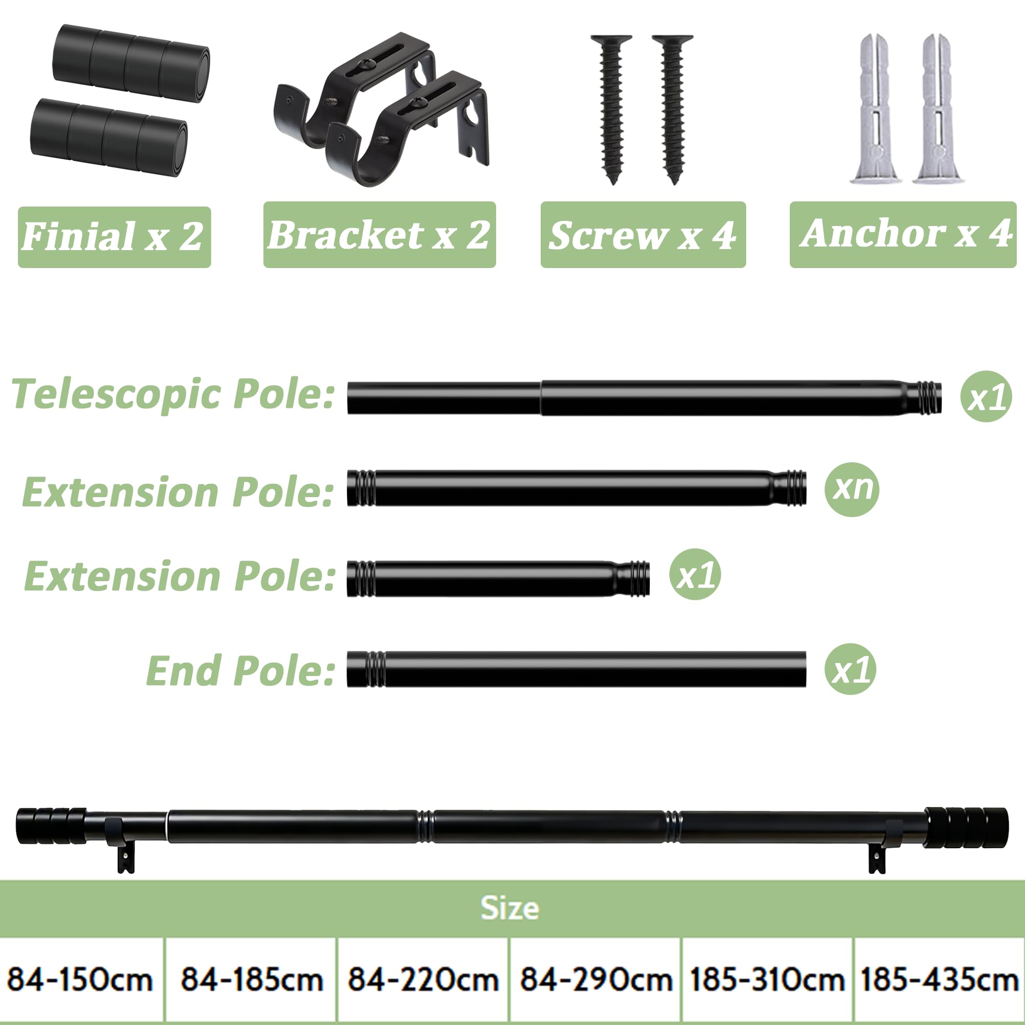 Aste per Tende Argento Asta per Tende Estensibile Set di Aste per Tende con Staffe per Soggiorno, Camera da Letto o Cucina (84-185cm, Argento)