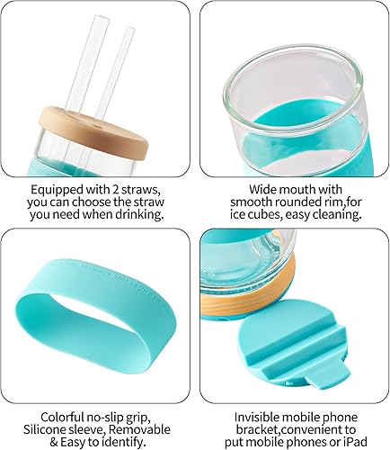 Miniatura 4 de TKK Vaso de vidrio con popote y tapa, reutilizable, de 15 onzas, taza de café helado, boca ancha, taza Boba, vaso de té con burbujas, vaso para