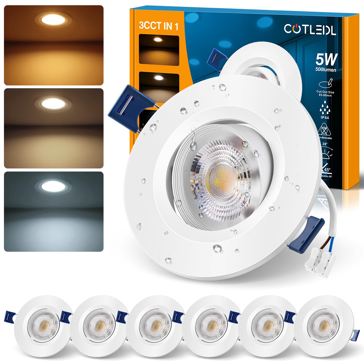 COTLEDL LED Einbaustrahler 230V Flach 5W, IP44 Einbauleuchten Loch 65-80mm LED Spots Schwenkbar Deckenspots, 500LM 3000K/4000K/6500K Einbauspots für Badezimmer Wohnzimmer Küche, 6er Set