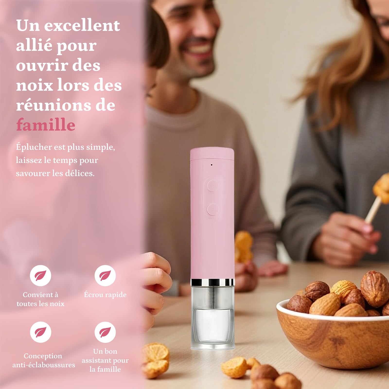 LOVIVER Casse-Noix Électrique Rechargeable, Décortiqueur de Noix, Ouvre-Noix portable, Ustensile de Cuisine Polyvalent, Coque Anti-Éclaboussures, Casse-Noix pour Noix de Pécan et Pignons de Pin, Rose