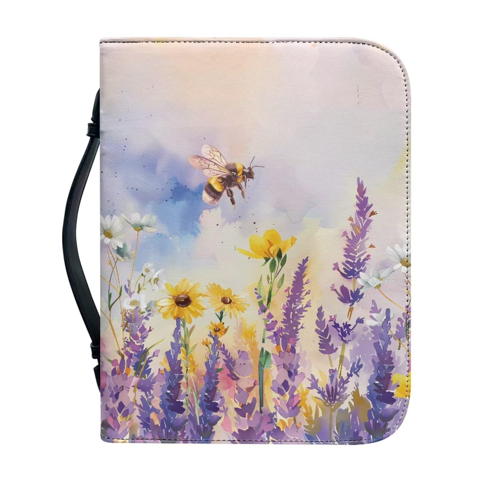 Ceudet Bee and Lavender Bible Covers Case for Women Lady Girls Bible Cover with Handle Carrying Case Scripture Bag PU Leather Lightweight Church Bag for Christian,M